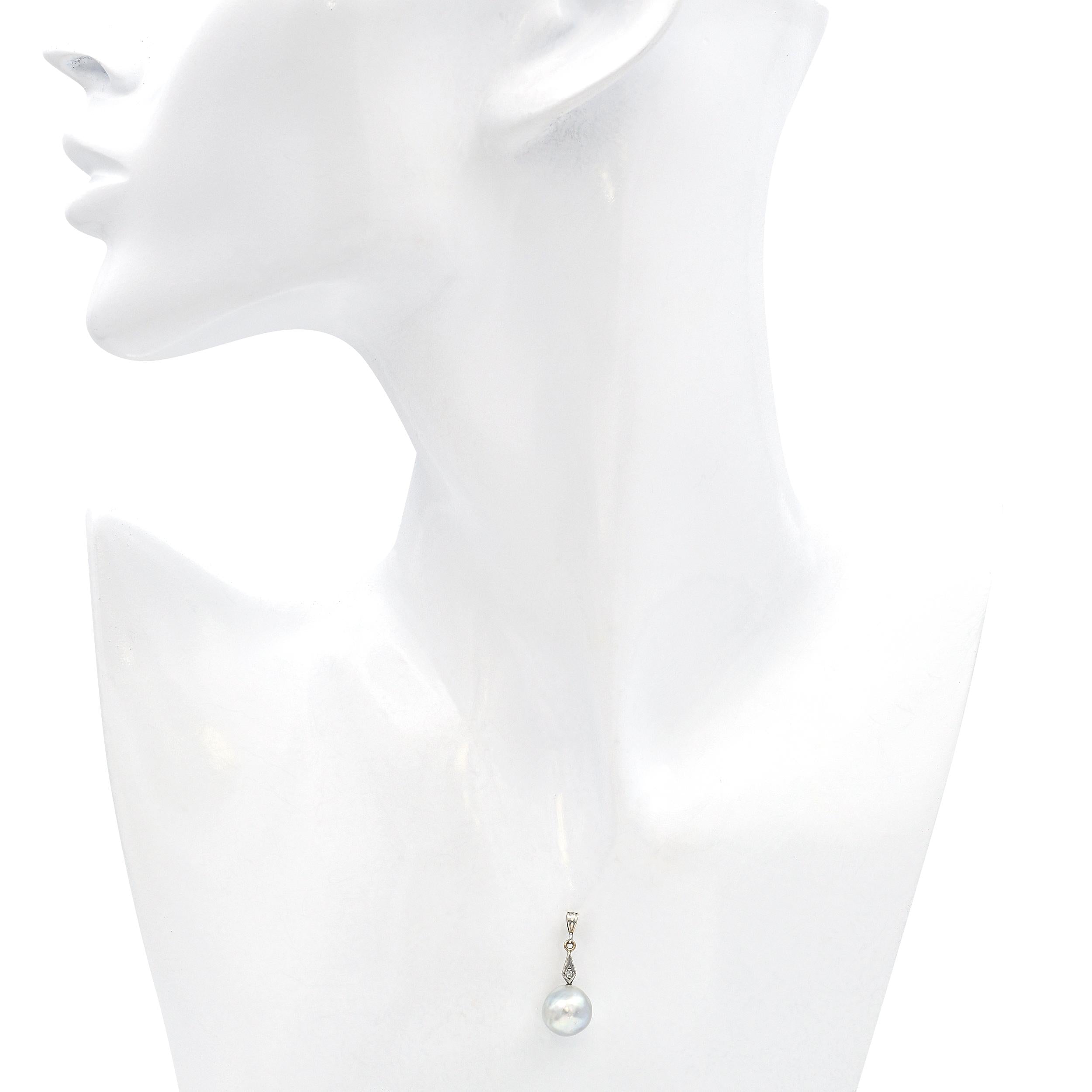 Vintage GIA Certified 14k White Gold Diamond and Cultured Akoya Pearl Pendant