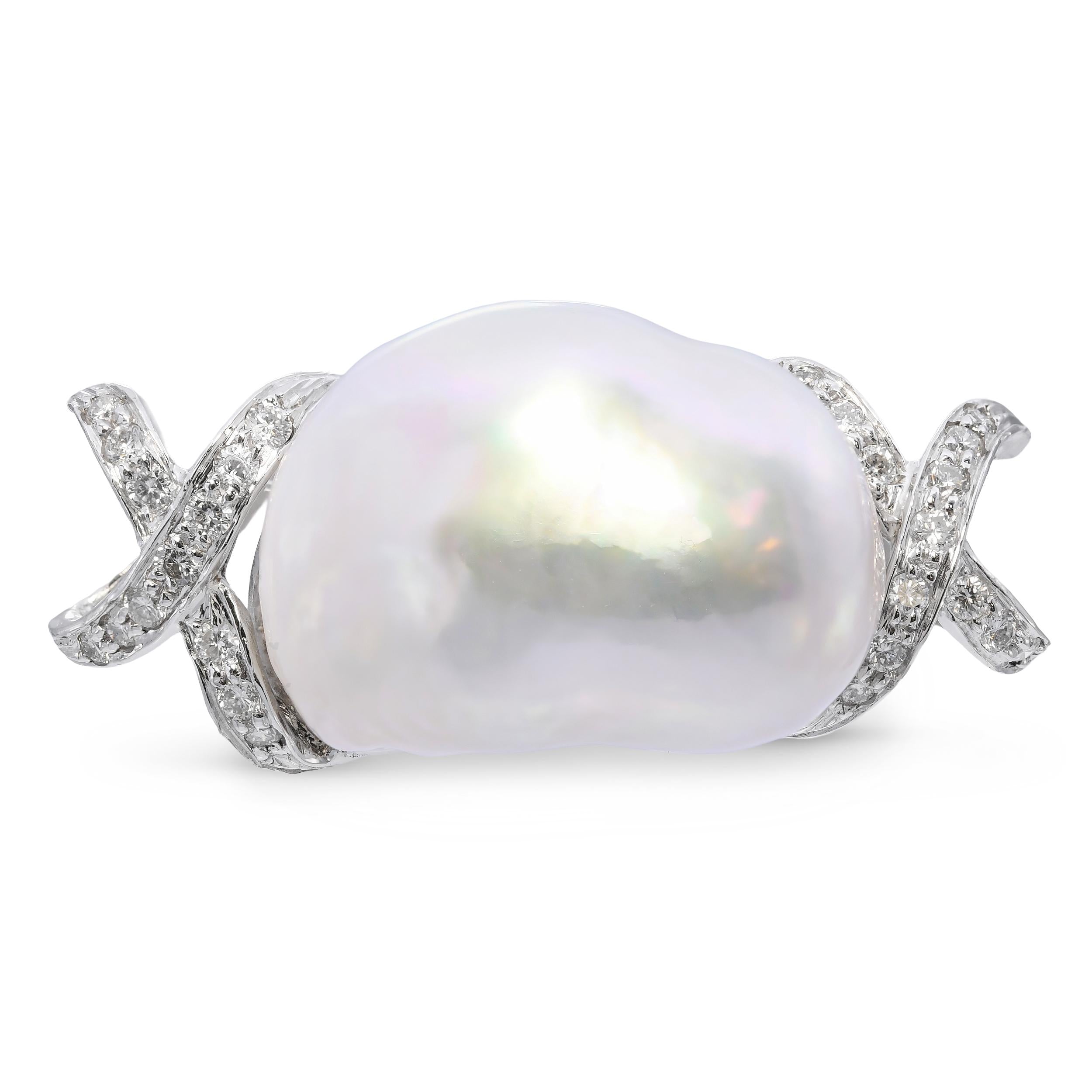 Vintage 18k White Gold Diamond Baroque Pearl Pendant Slider