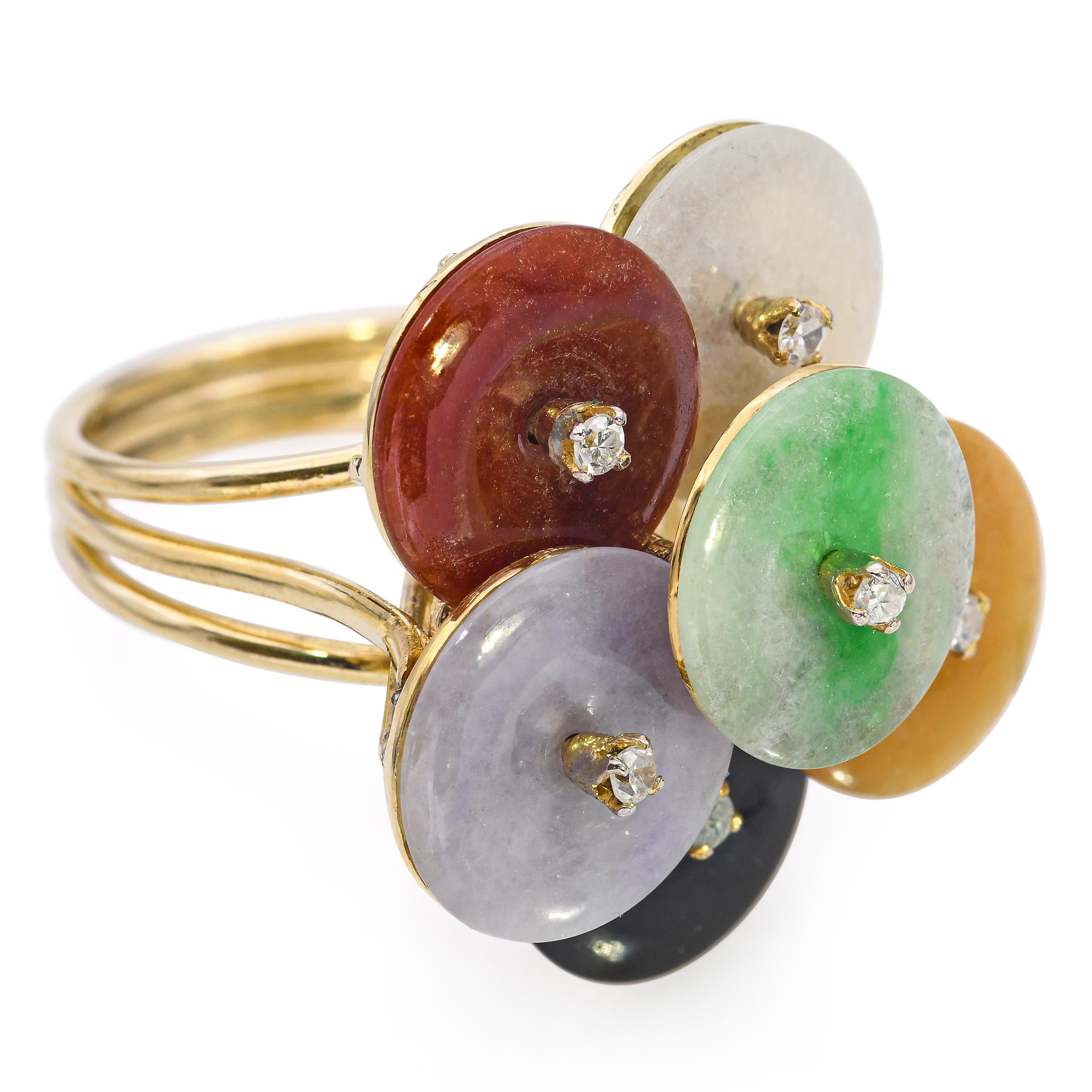 Vintage 14k Yellow Gold Jadeite Jade and Diamond Disk Ring