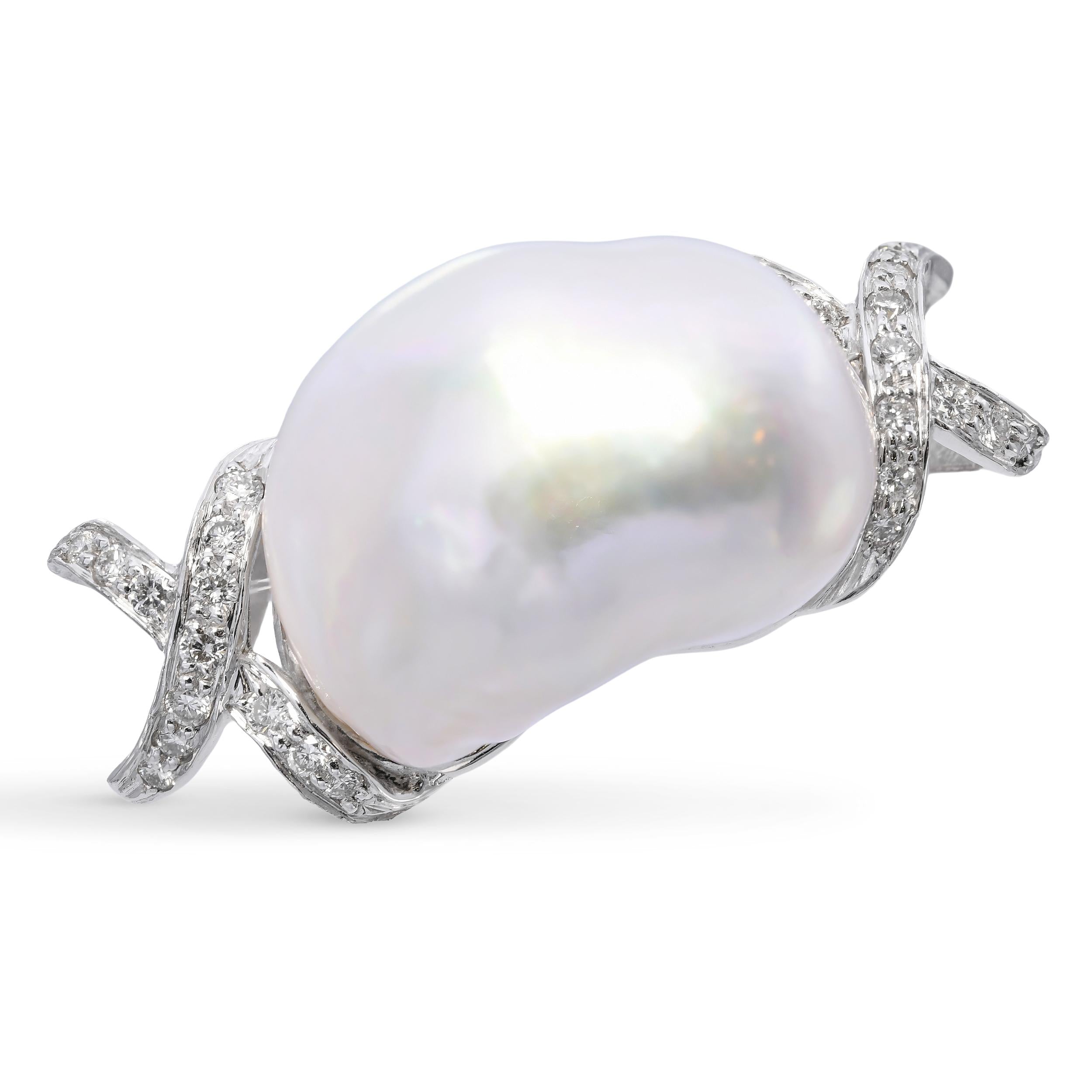 Vintage 18k White Gold Diamond Baroque Pearl Pendant Slider