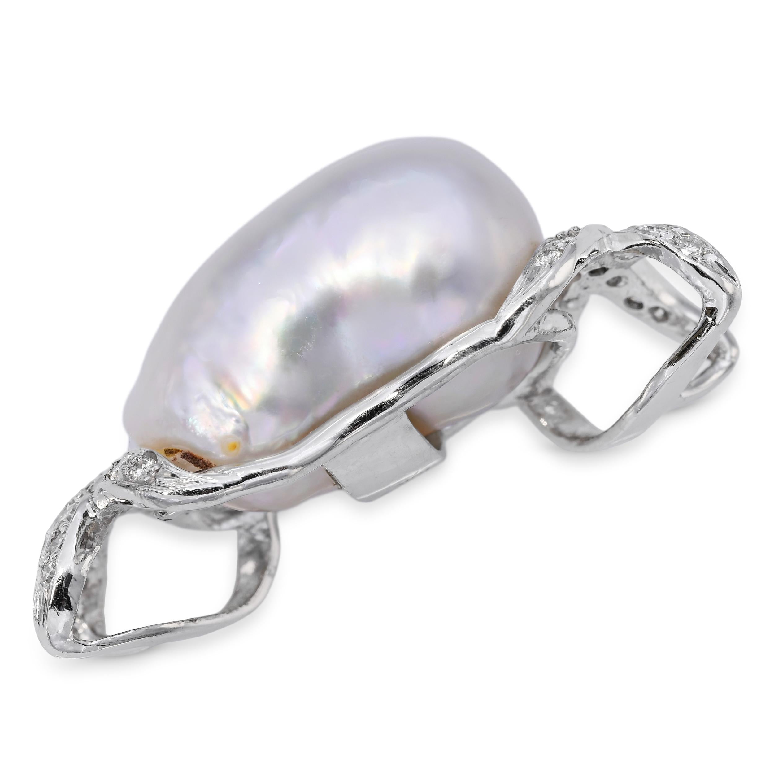 Vintage 18k White Gold Diamond Baroque Pearl Pendant Slider