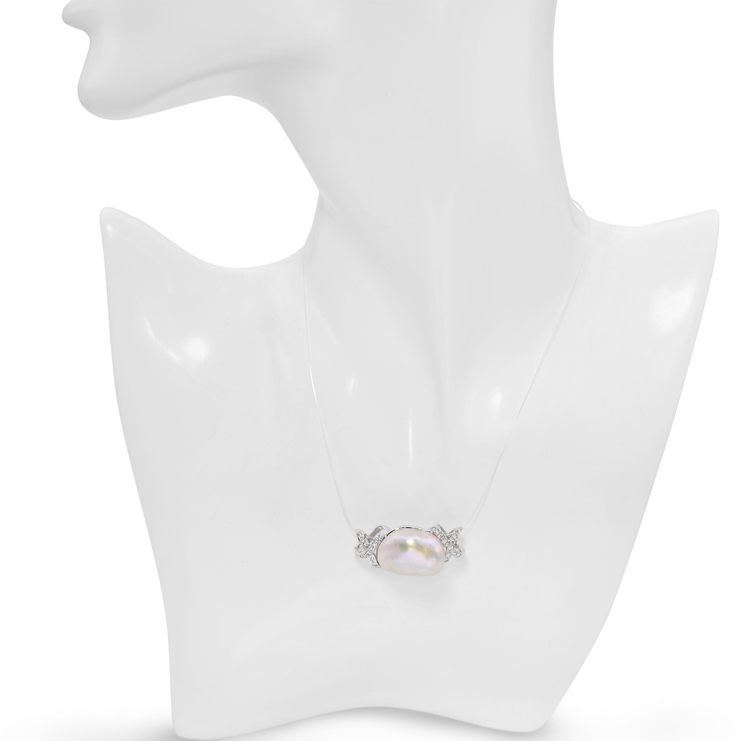 Vintage 18k White Gold Diamond Baroque Pearl Pendant Slider