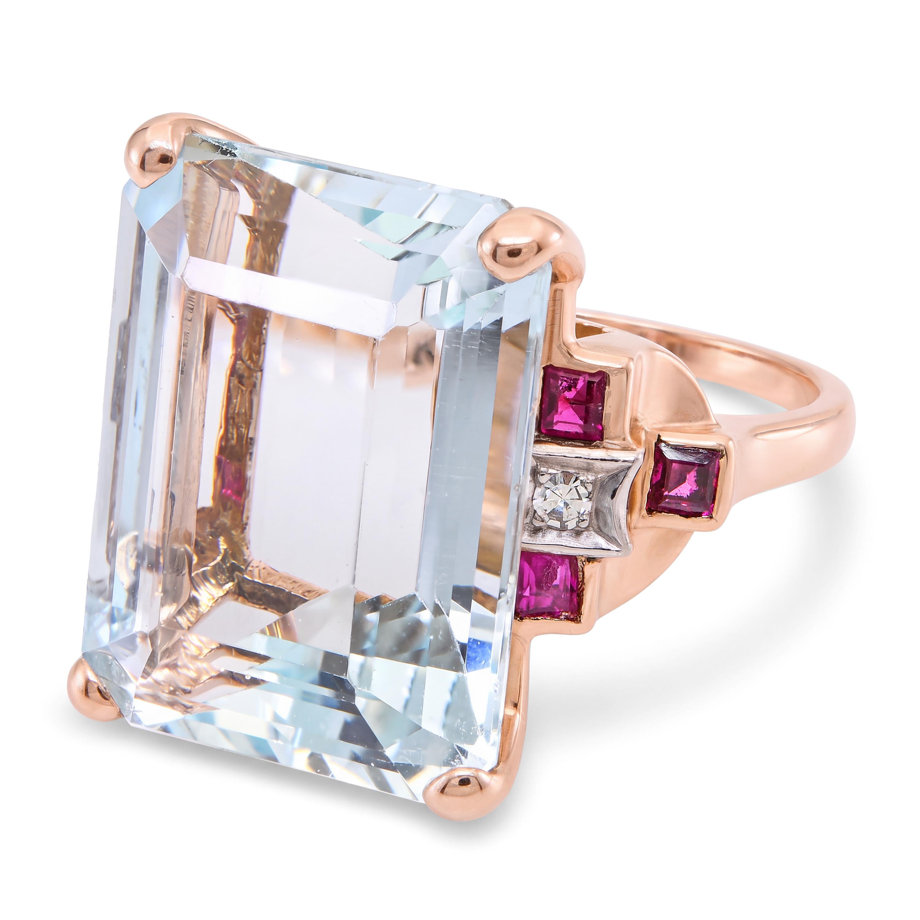Vintage 14k Rose Gold 17.8ct Aquamarine Diamond and Ruby Ring