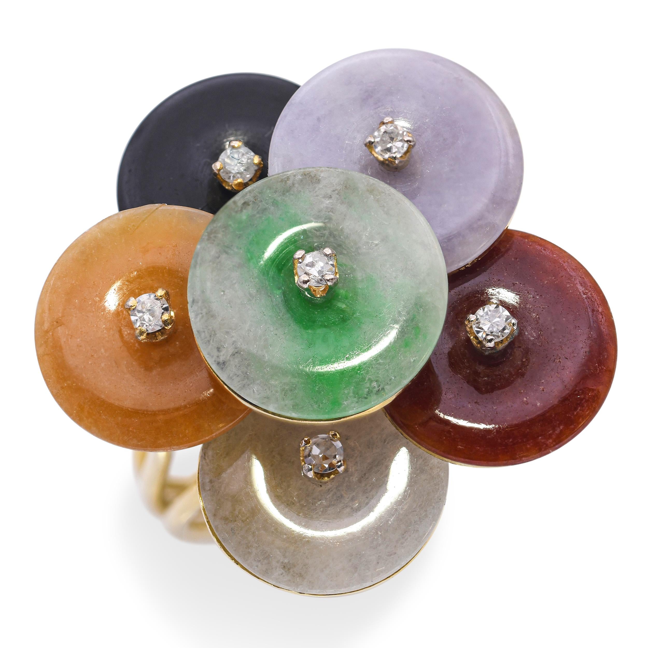 Vintage 14k Yellow Gold Jadeite Jade and Diamond Disk Ring