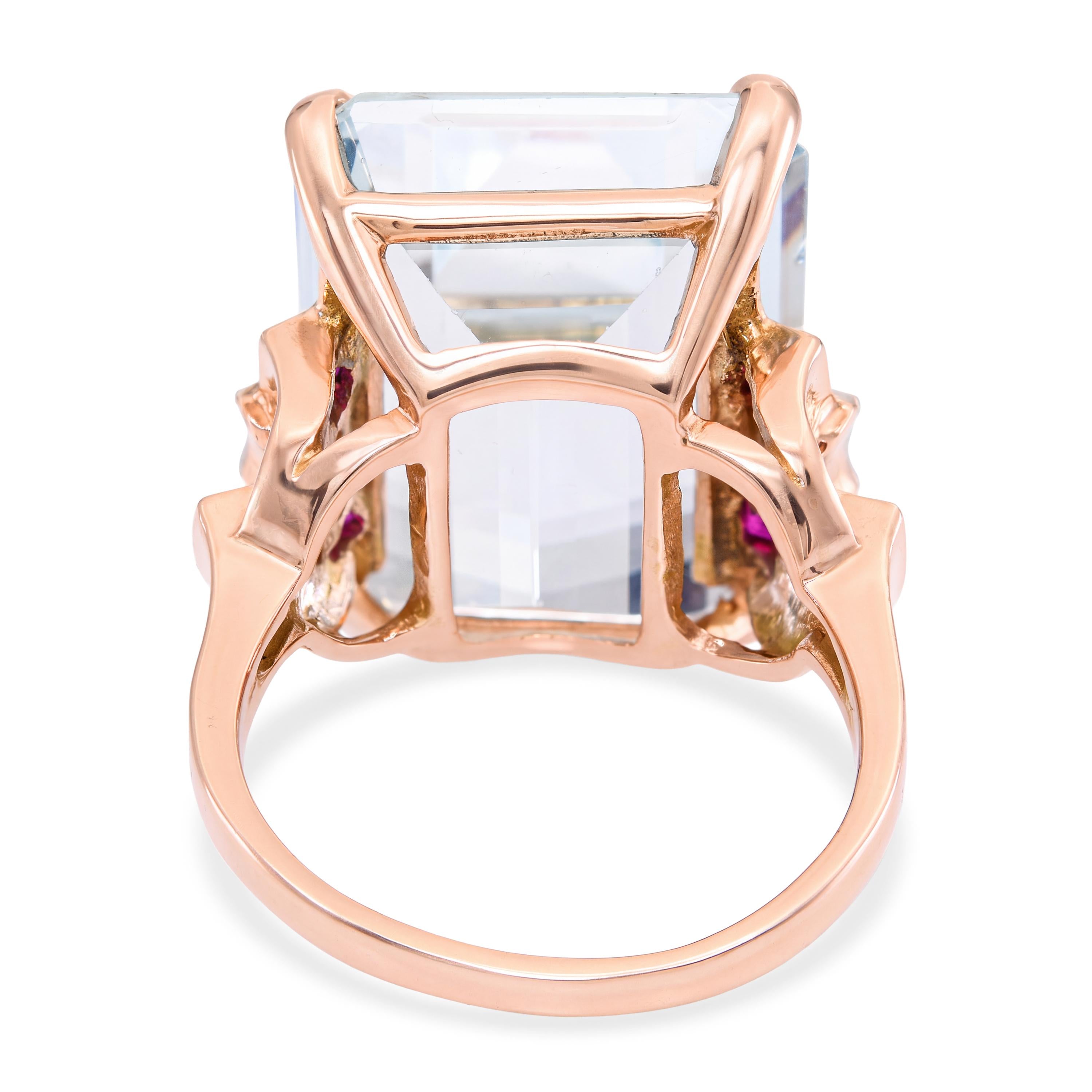 Vintage 14k Rose Gold 17.8ct Aquamarine Diamond and Ruby Ring