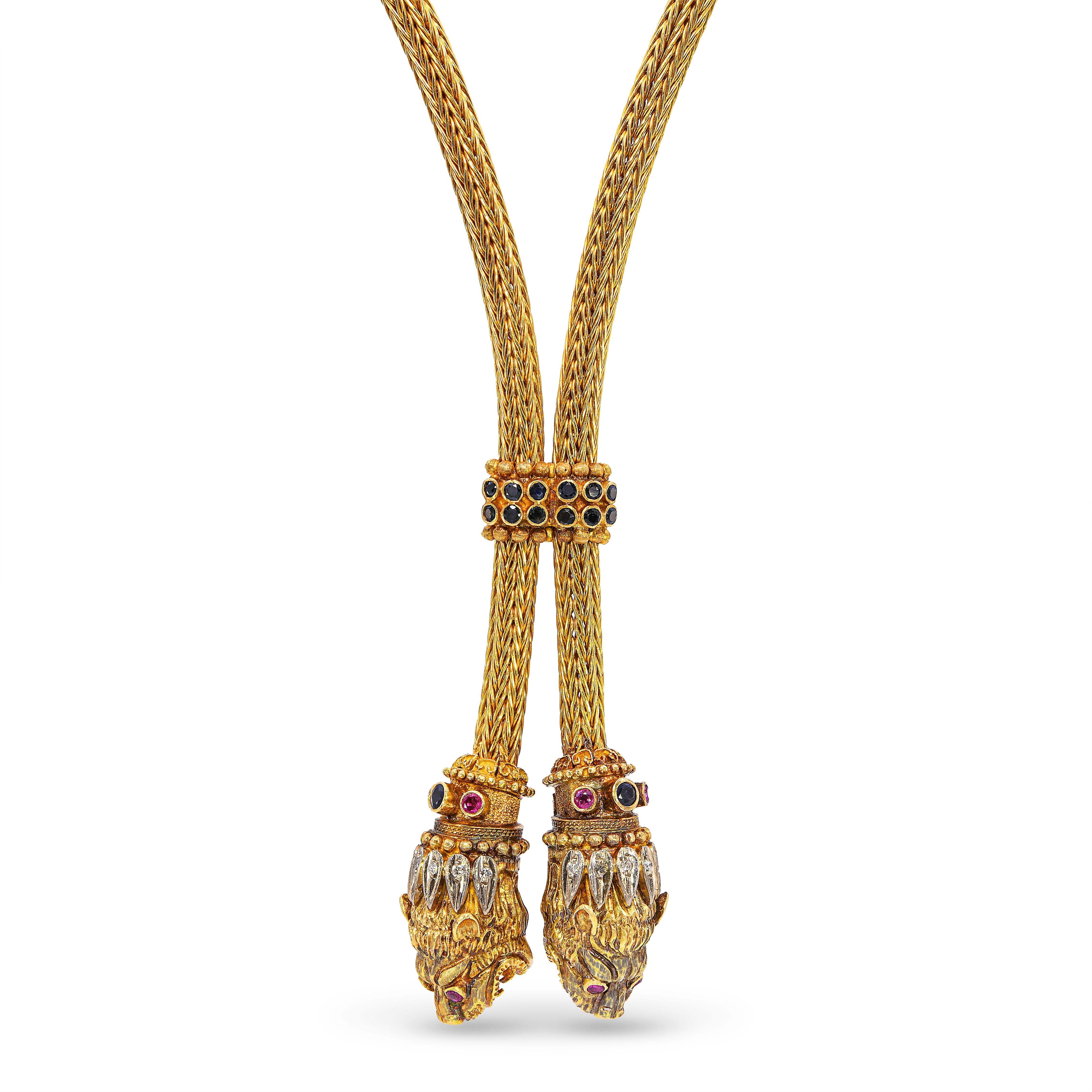 Vintage Ilias Lalaounis 18k Yellow Gold Lion Head Lariat Necklace