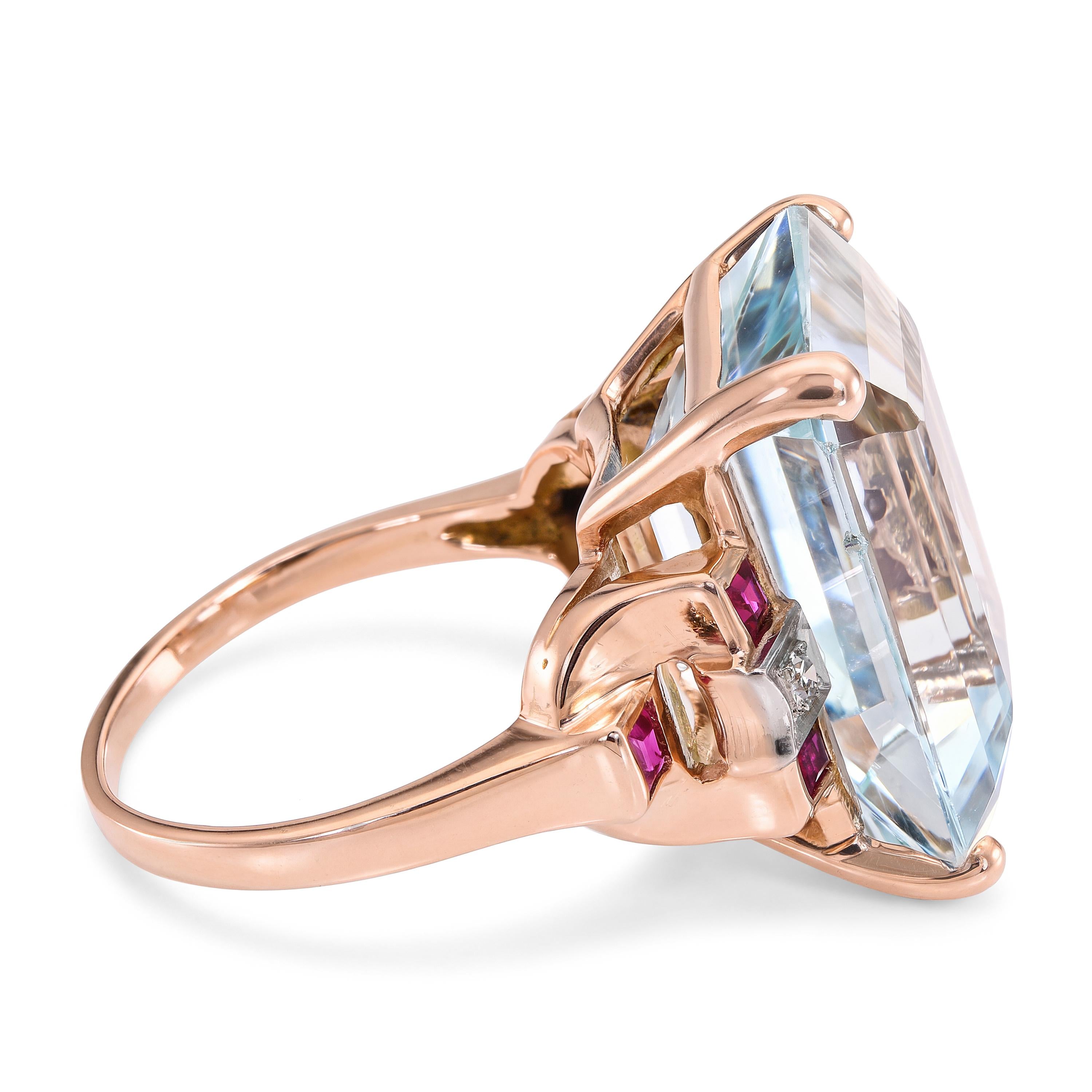 Vintage 14k Rose Gold 17.8ct Aquamarine Diamond and Ruby Ring