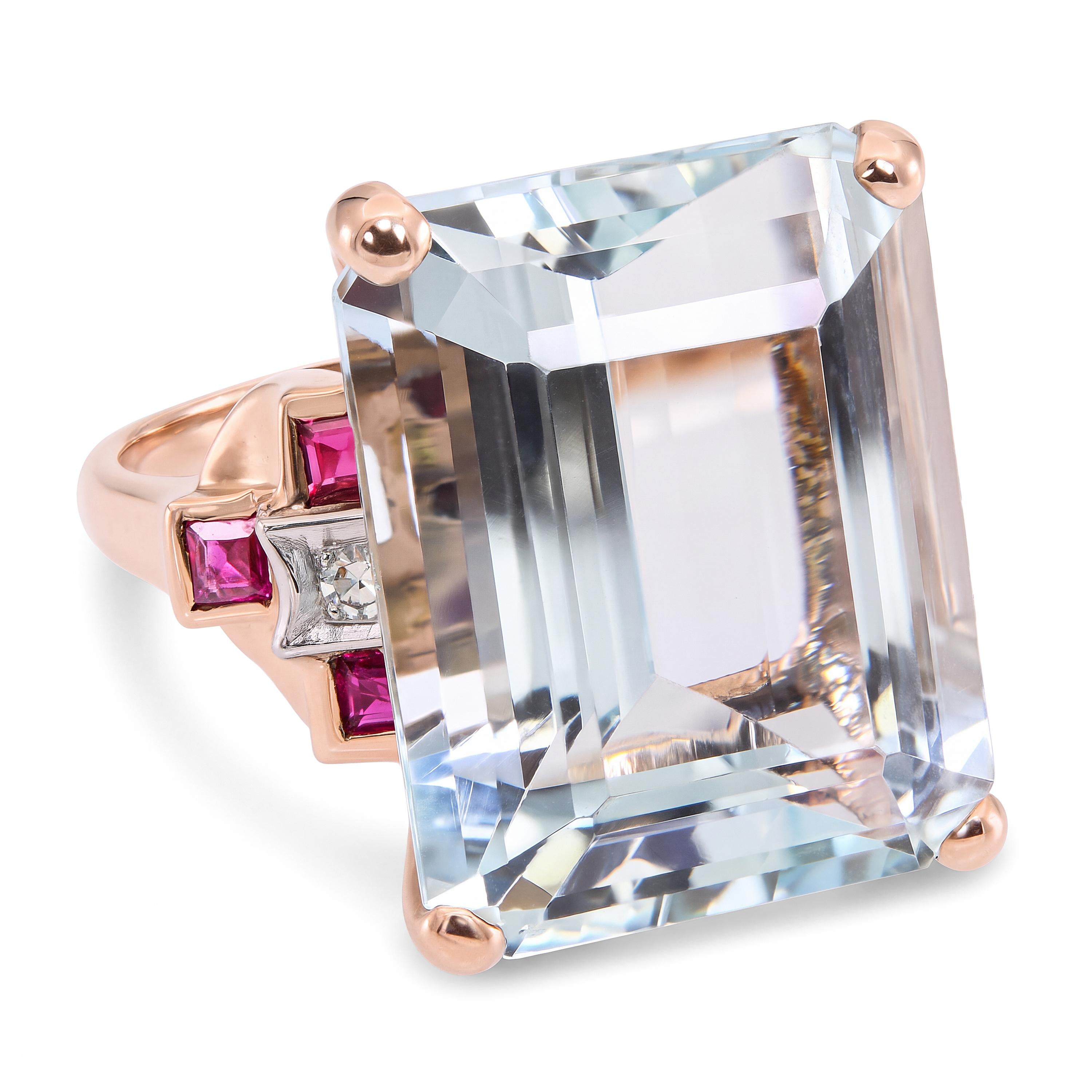 Vintage 14k Rose Gold 17.8ct Aquamarine Diamond and Ruby Ring