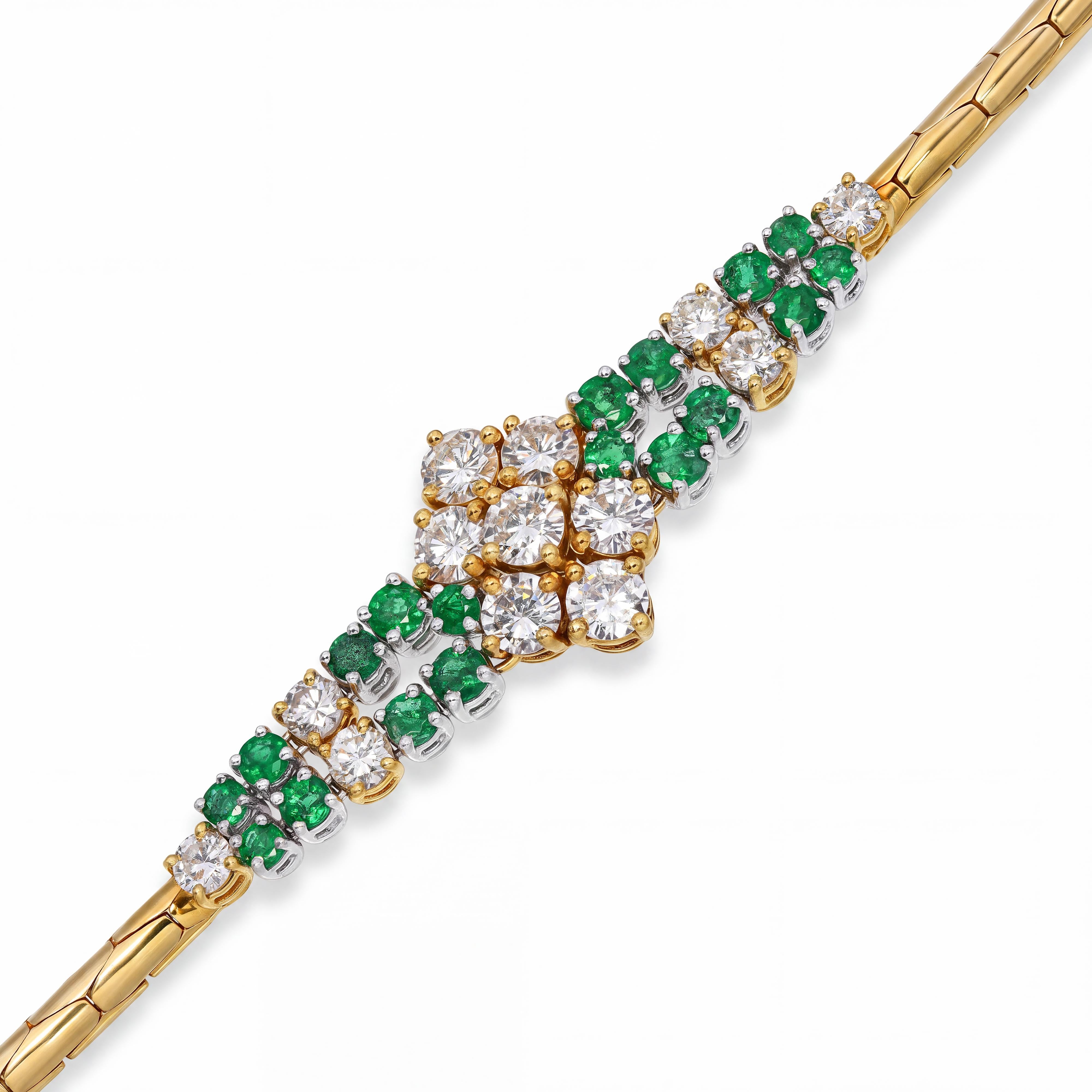 Vintage Italian 18k Yellow Gold Emerald & Diamond Bracelet