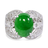 Vintage 18k White Gold 3.50ct Burmese Type A Green Jadeite & Diamond Ring