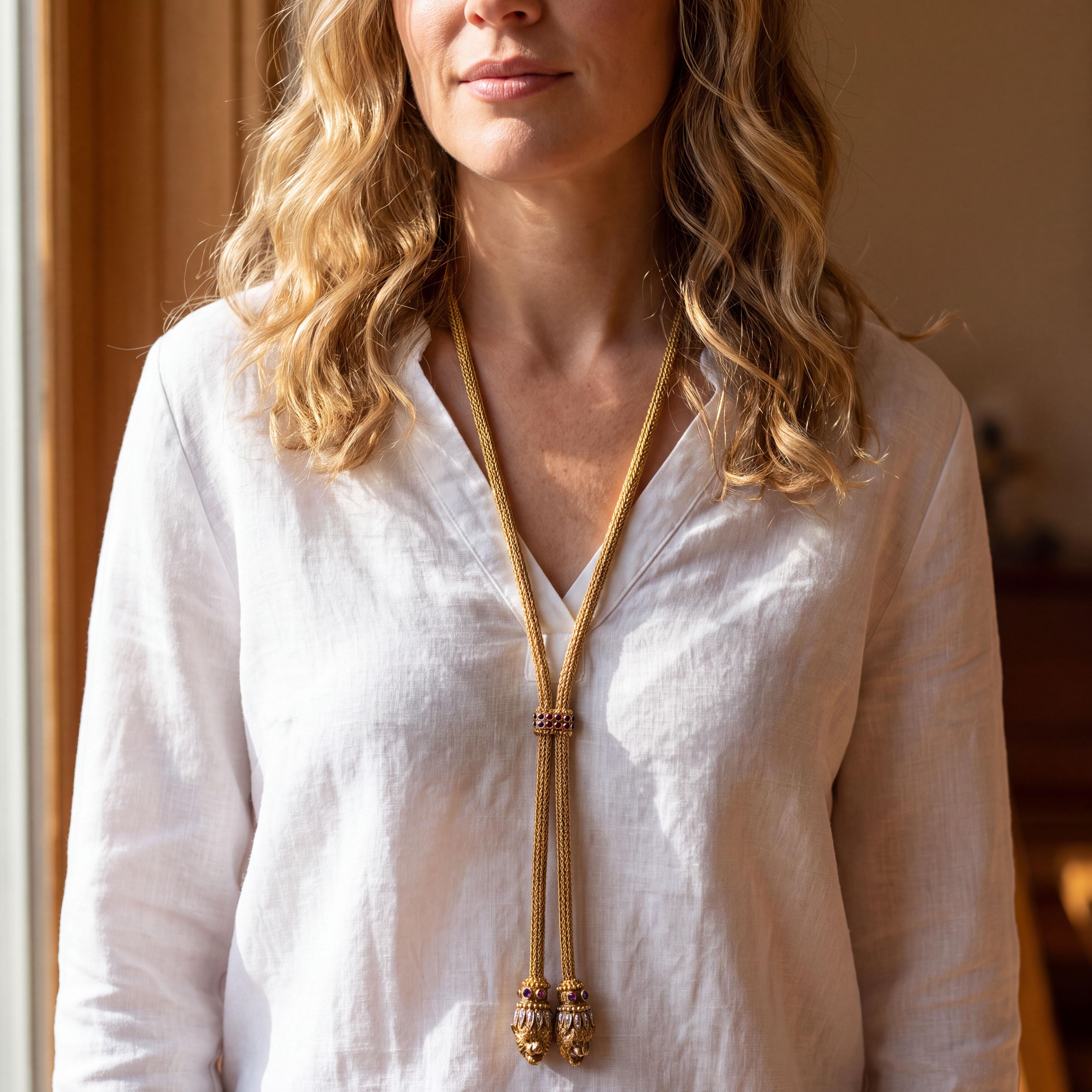 Vintage Ilias Lalaounis 18k Yellow Gold Lion Head Lariat Necklace