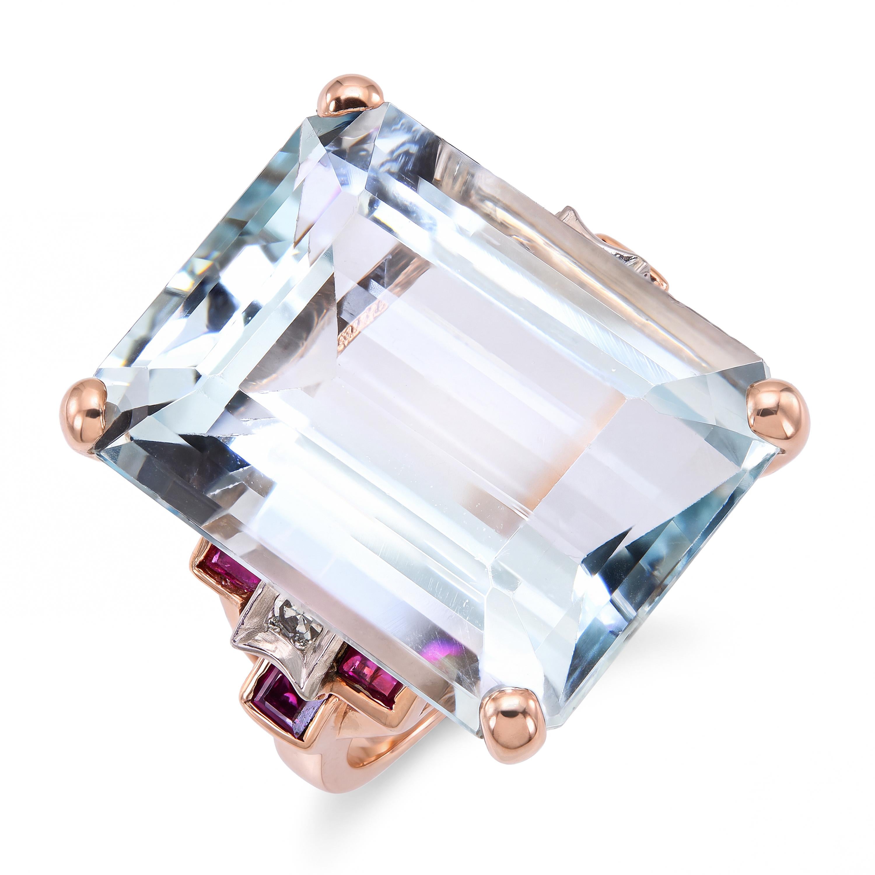 Vintage 14k Rose Gold 17.8ct Aquamarine Diamond and Ruby Ring
