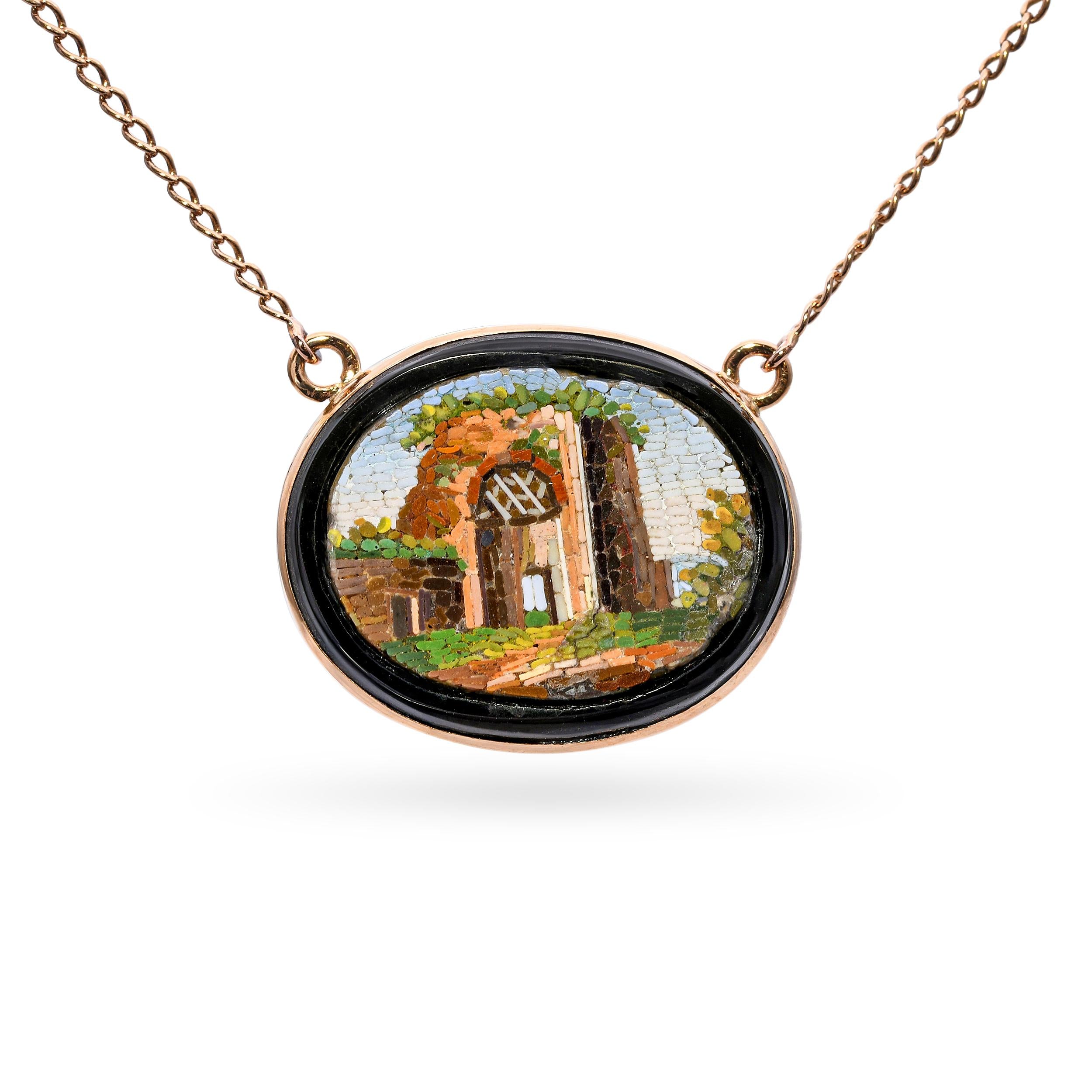 Antique Victorian Yellow Gold Onyx Micro Mosaic Pendant Necklace