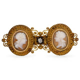 Antique 17k Yellow Gold Diamond "Two Sisters" Shell Cameo Brooch