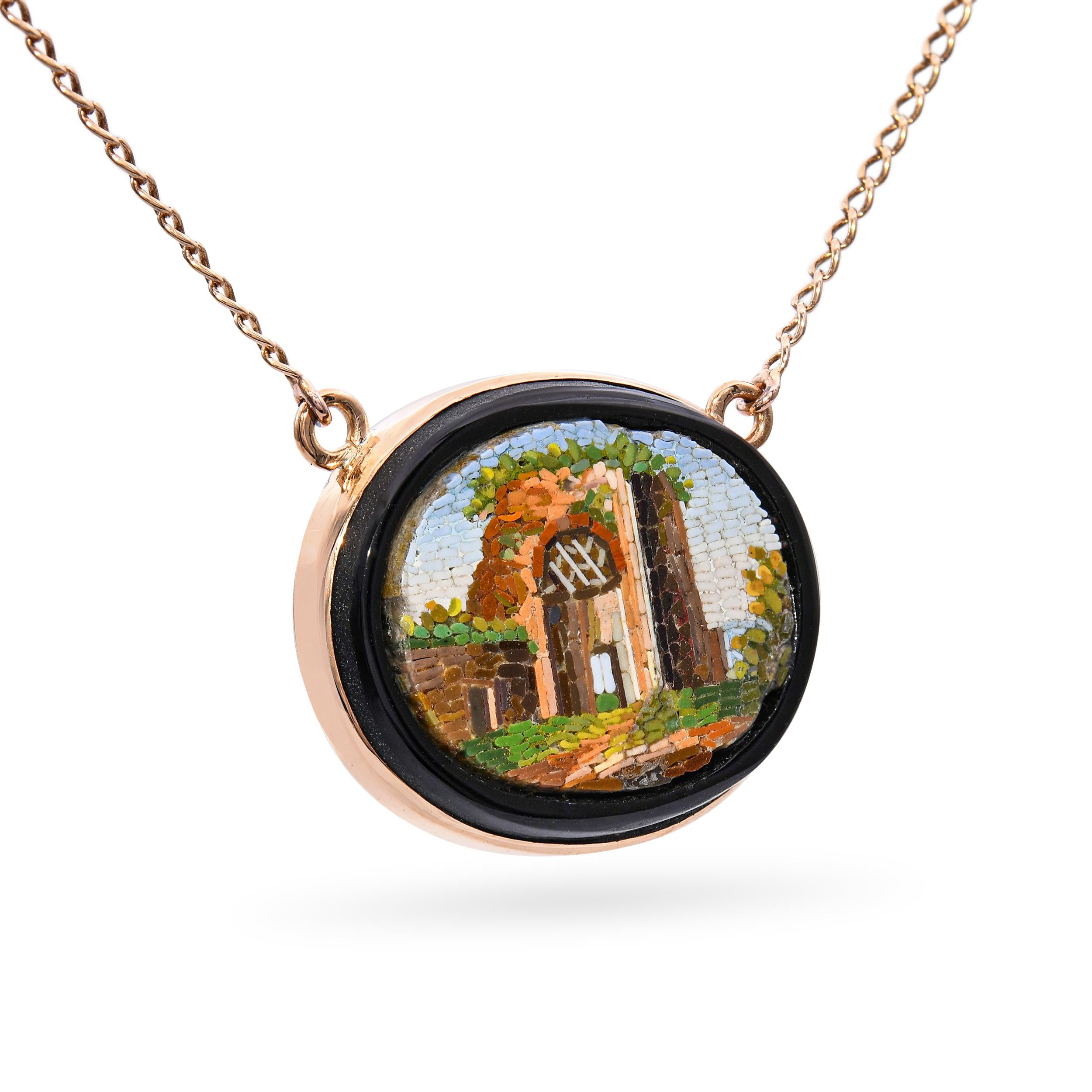 Antique Victorian Yellow Gold Onyx Micro Mosaic Pendant Necklace
