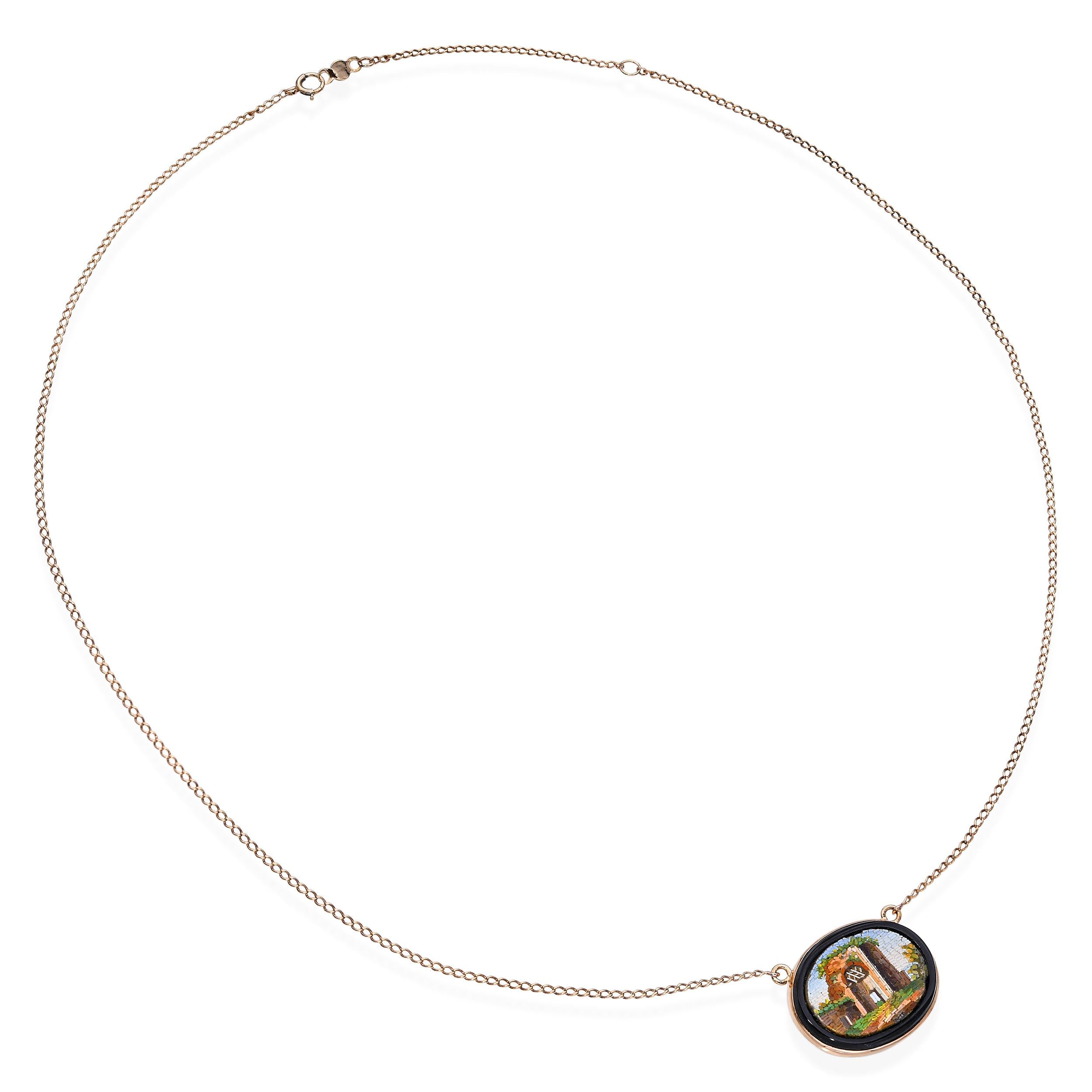Antique Victorian Yellow Gold Onyx Micro Mosaic Pendant Necklace
