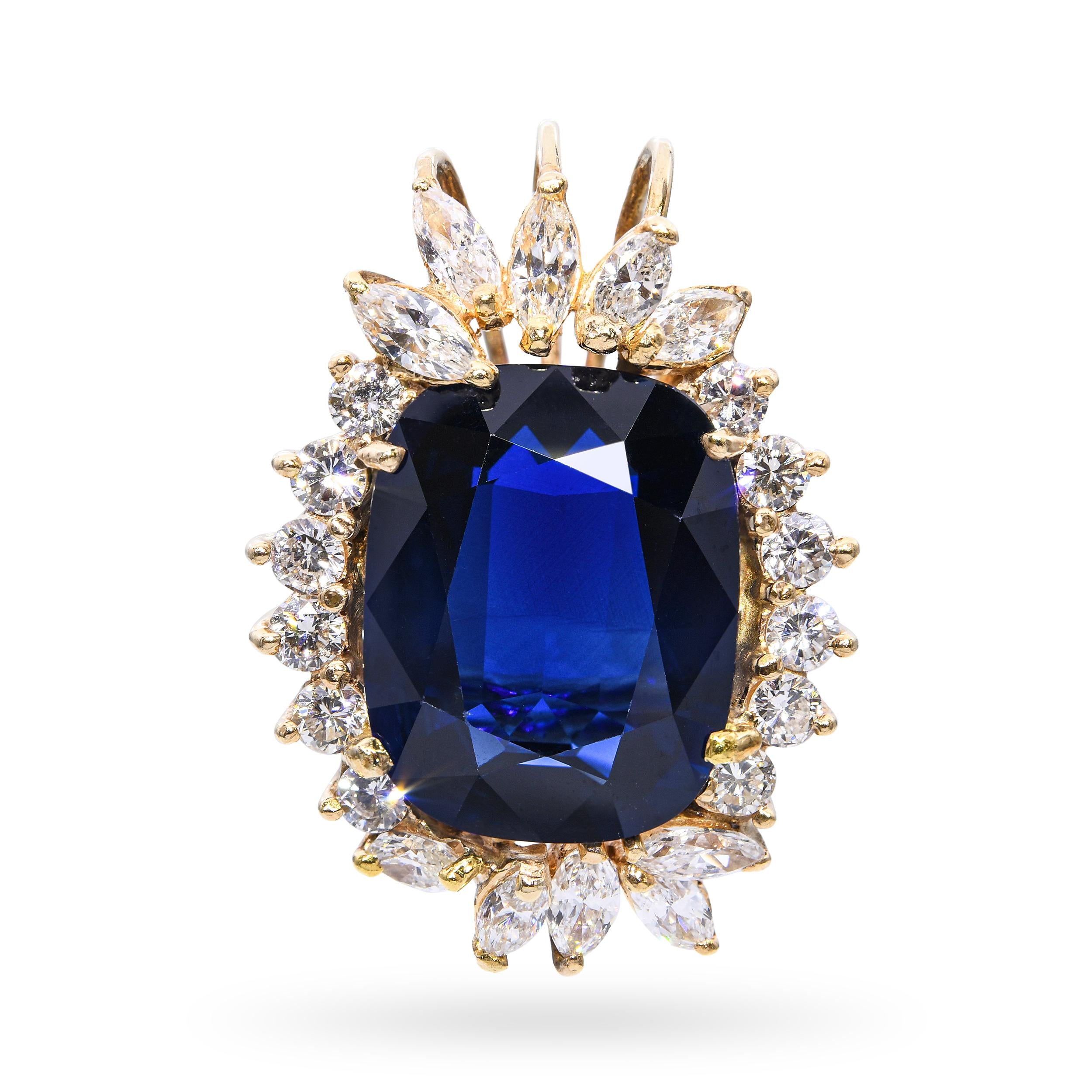 Vintage 14k Yellow Gold GIA 13.77ct Sapphire and Diamond Pendant