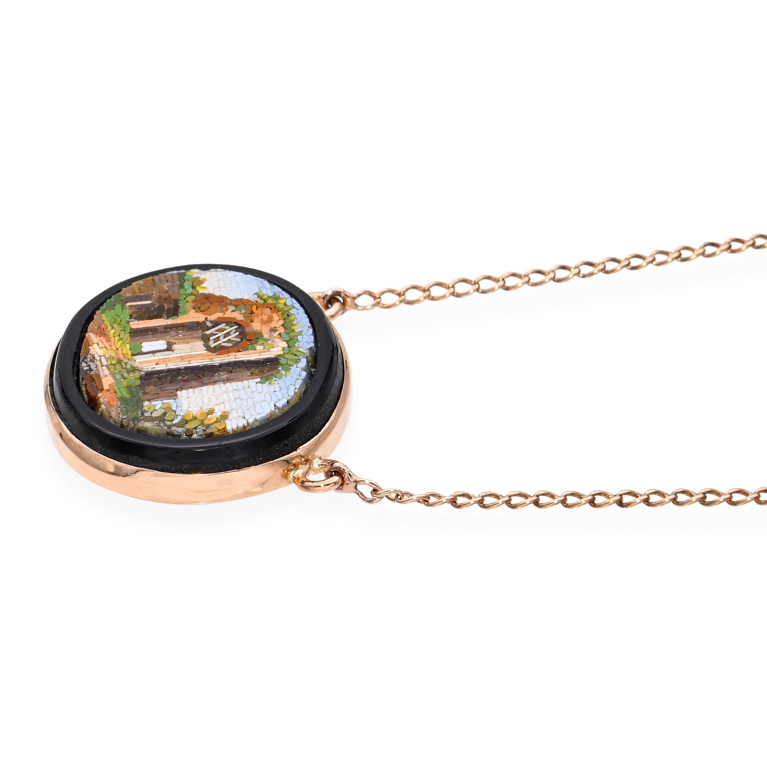 Antique Victorian Yellow Gold Onyx Micro Mosaic Pendant Necklace