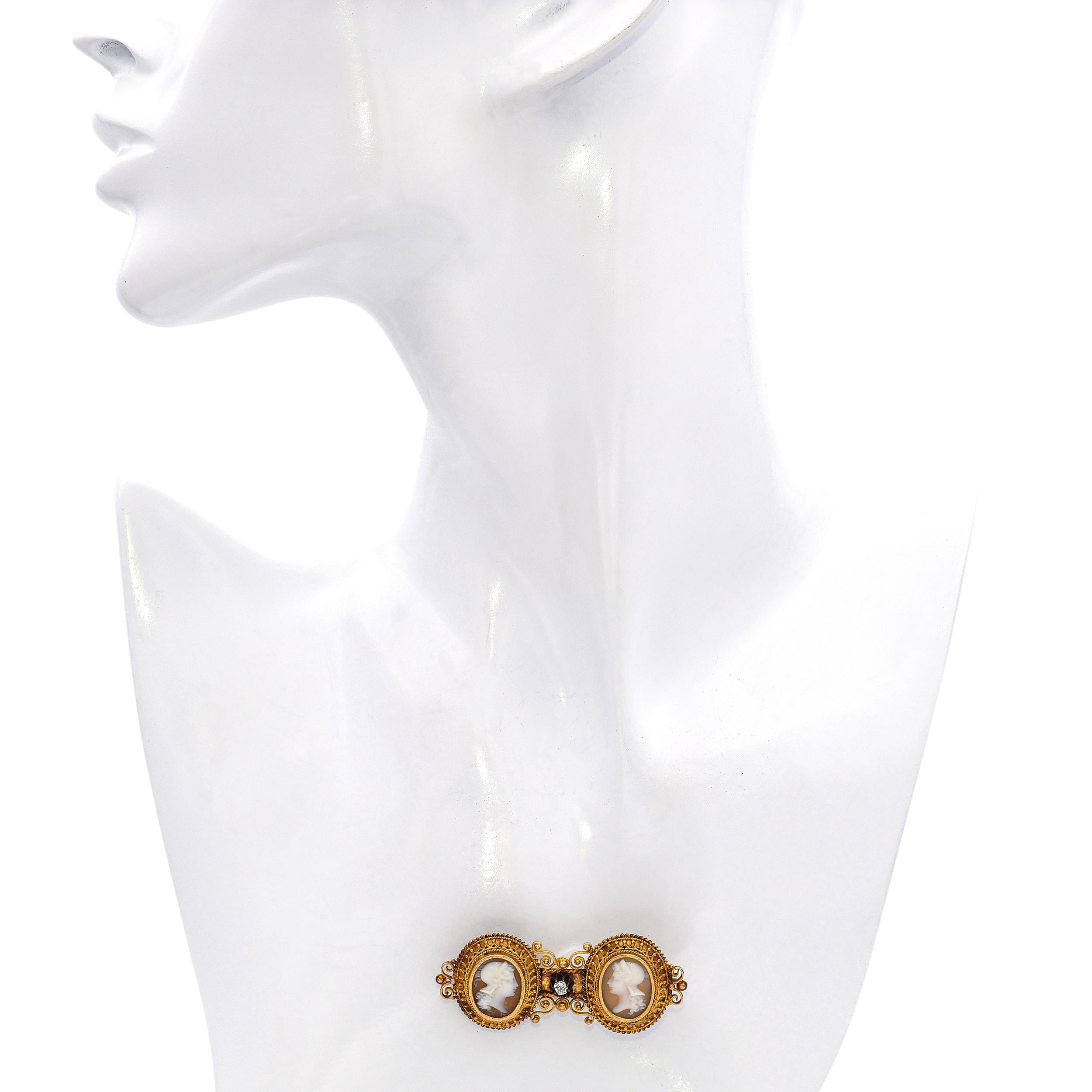 Antique 17k Yellow Gold Diamond "Two Sisters" Shell Cameo Brooch