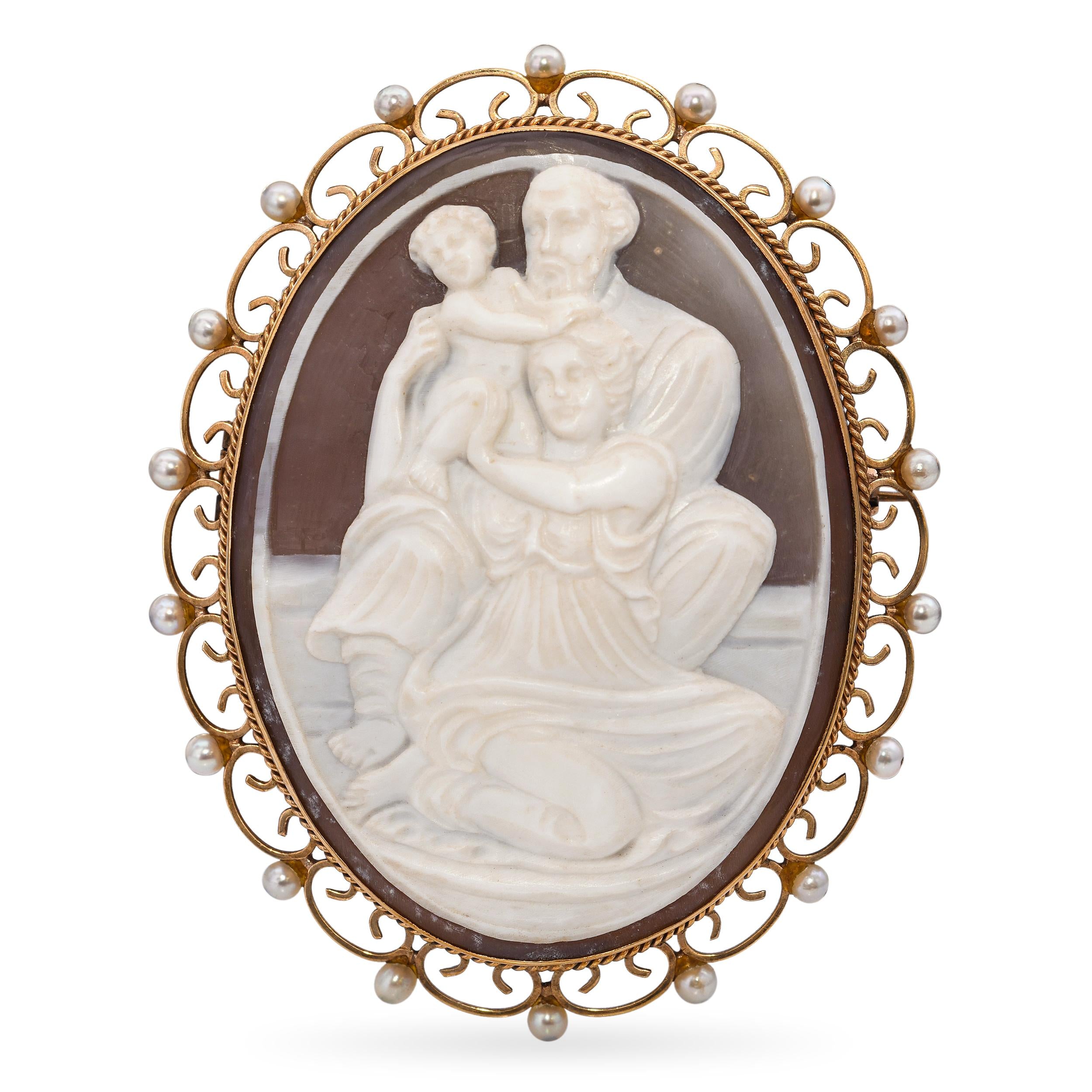 Antique 9k Yellow Gold Pearl "Seated Husband Wife and Child" Shell Cameo Brooch