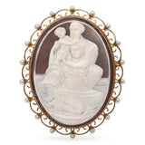 Antique 9k Yellow Gold Pearl "Seated Husband Wife and Child" Shell Cameo Brooch