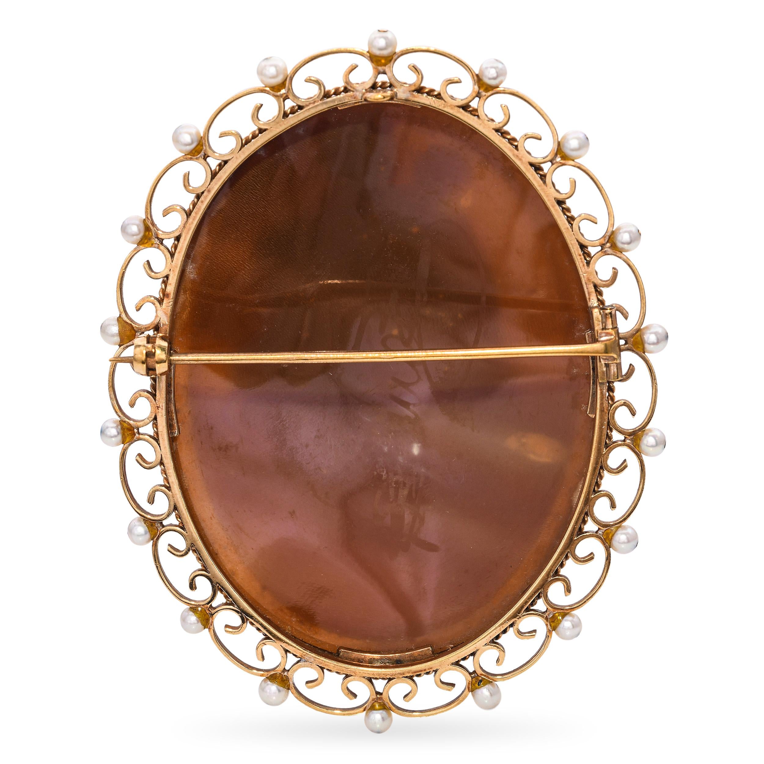 Antique 9k Yellow Gold Pearl "Seated Husband Wife and Child" Shell Cameo Brooch