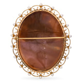 Antique 9k Yellow Gold Pearl "Seated Husband Wife and Child" Shell Cameo Brooch