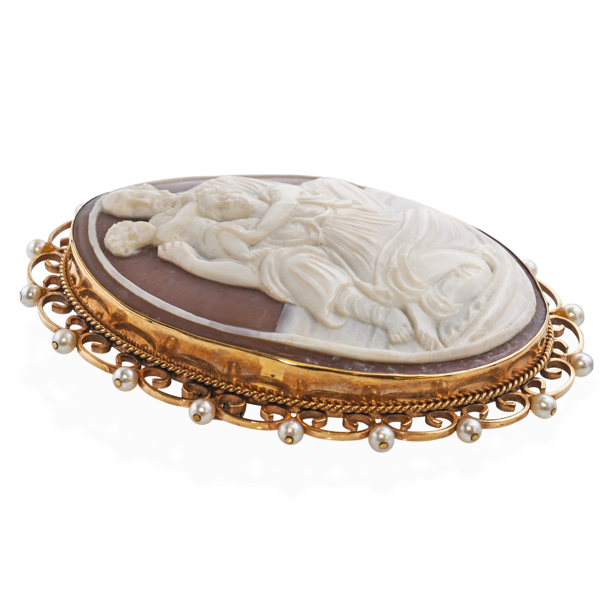 Antique 9k Yellow Gold Pearl "Seated Husband Wife and Child" Shell Cameo Brooch