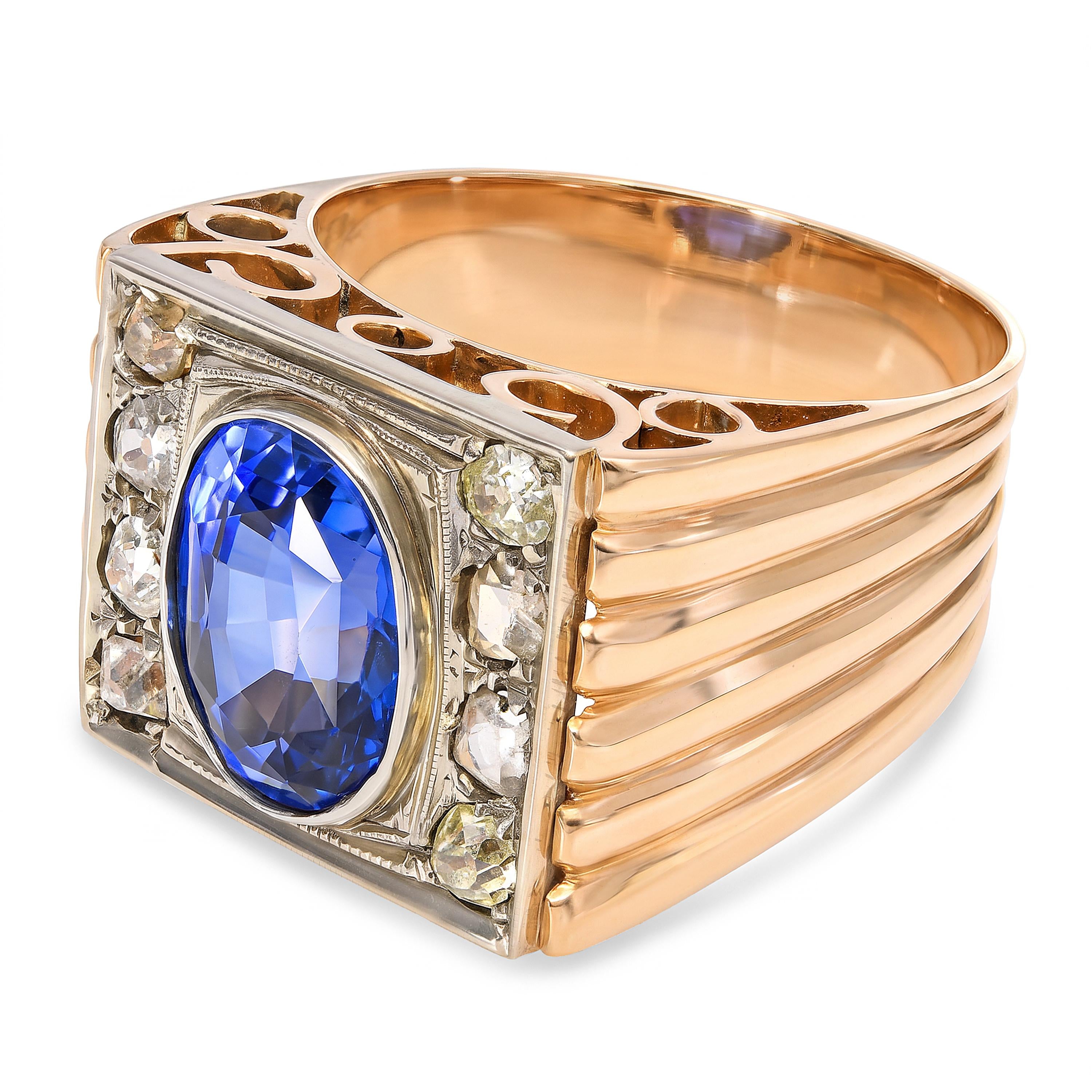 Antique 17k Yellow Gold Victorian 4.34ct Syn Sapphire & Rose Cut Diamond Ring