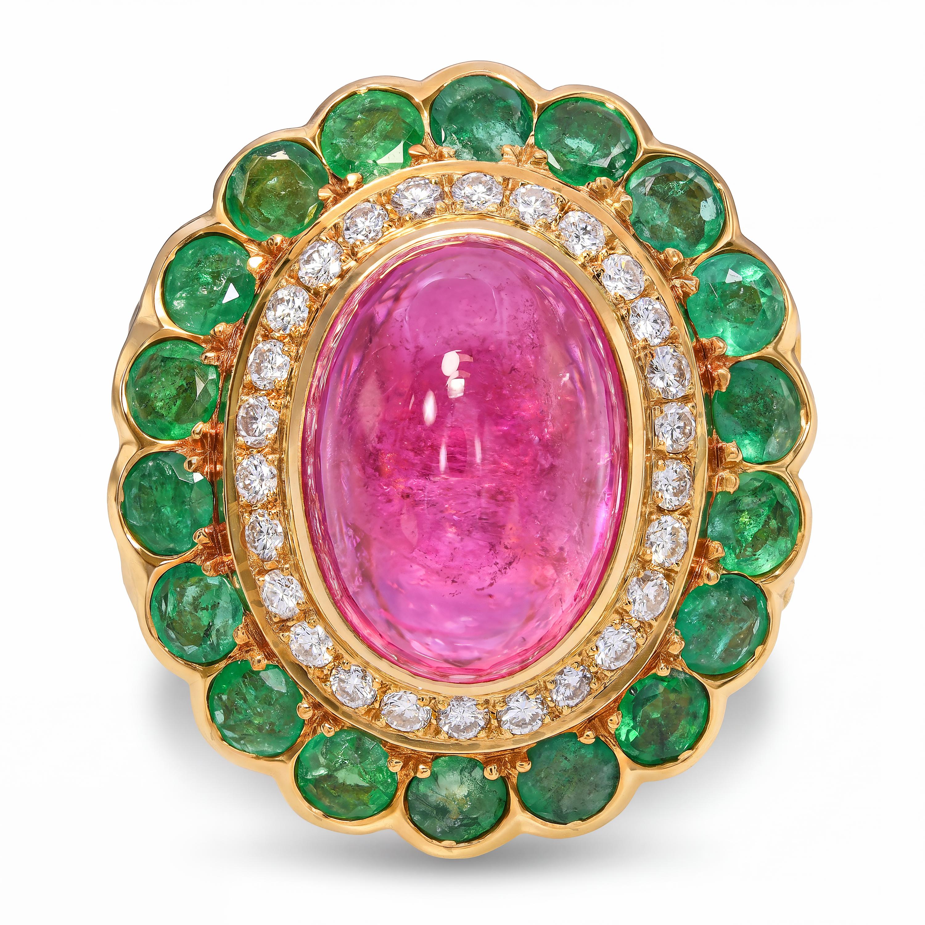 19k Yellow Gold Emerald Diamond & Rubellite Tourmaline Mughal Inspired Ring