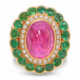 19k Yellow Gold Emerald Diamond & Rubellite Tourmaline Mughal Inspired Ring