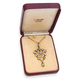 Antique Art Nouveau 9k Rose Gold Mixed Gemstone and Chain Drop Shield Necklace