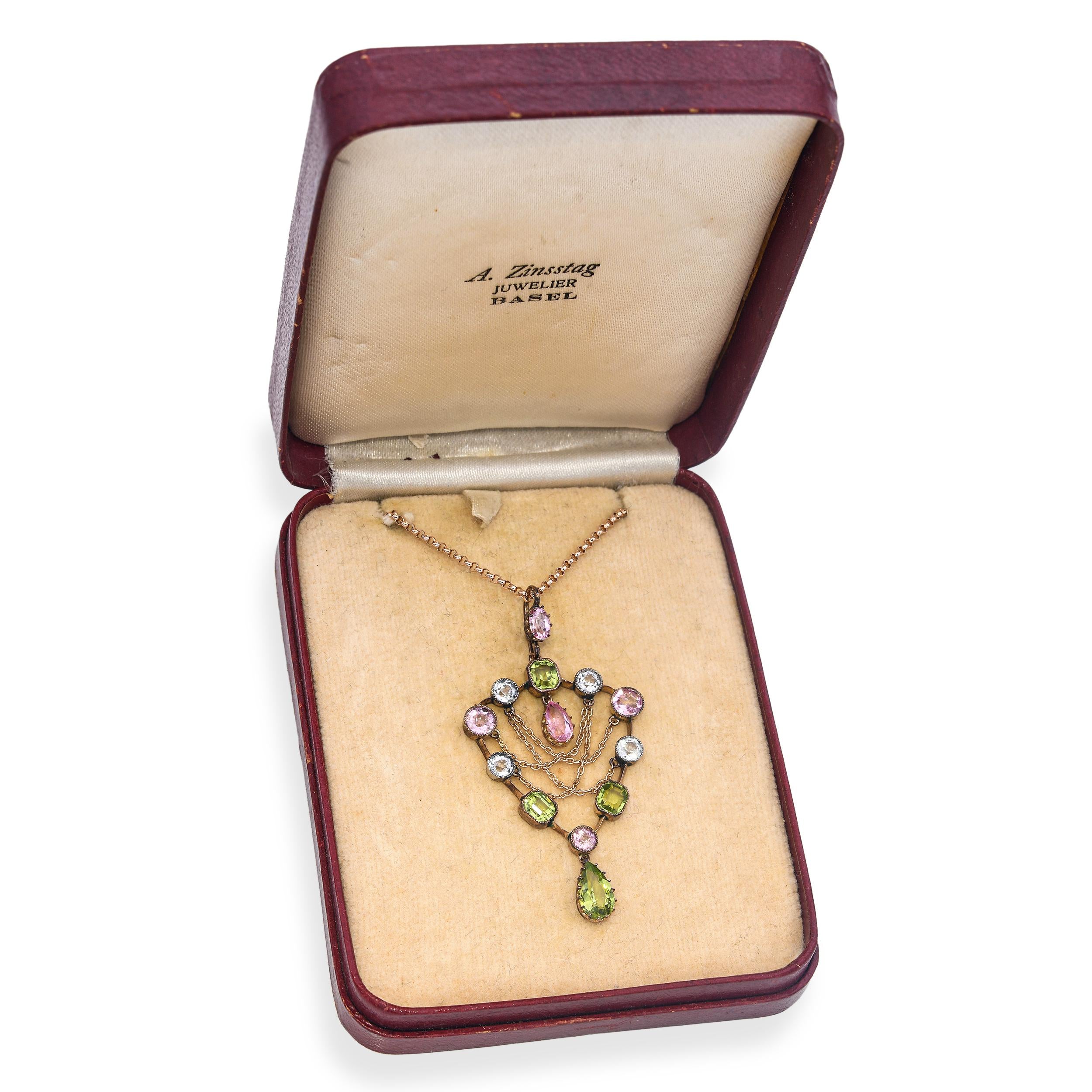 Antique Art Nouveau 9k Rose Gold Mixed Gemstone and Chain Drop Shield Necklace