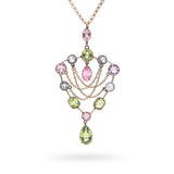 Antique Art Nouveau 9k Rose Gold Mixed Gemstone and Chain Drop Shield Necklace