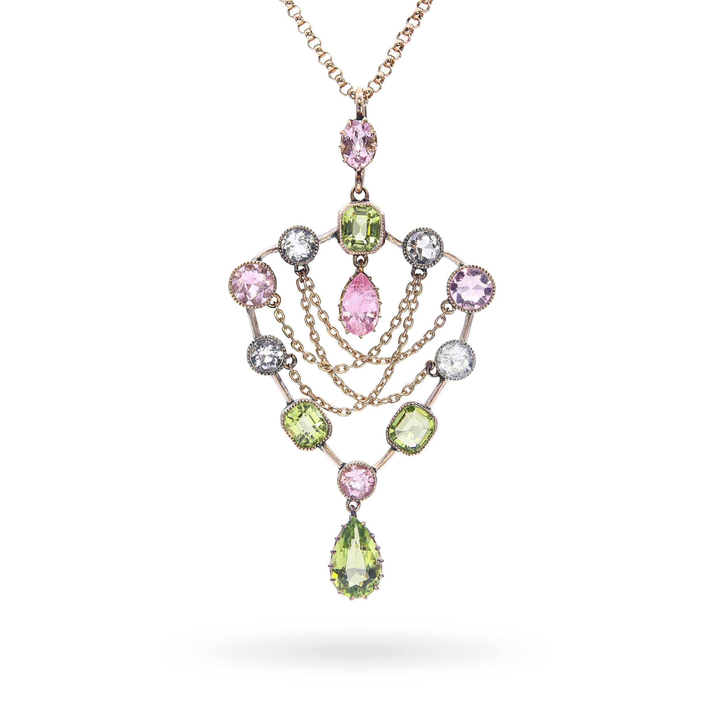 Antique Art Nouveau 9k Rose Gold Mixed Gemstone and Chain Drop Shield Necklace