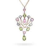 Antique Art Nouveau 9k Rose Gold Mixed Gemstone and Chain Drop Shield Necklace