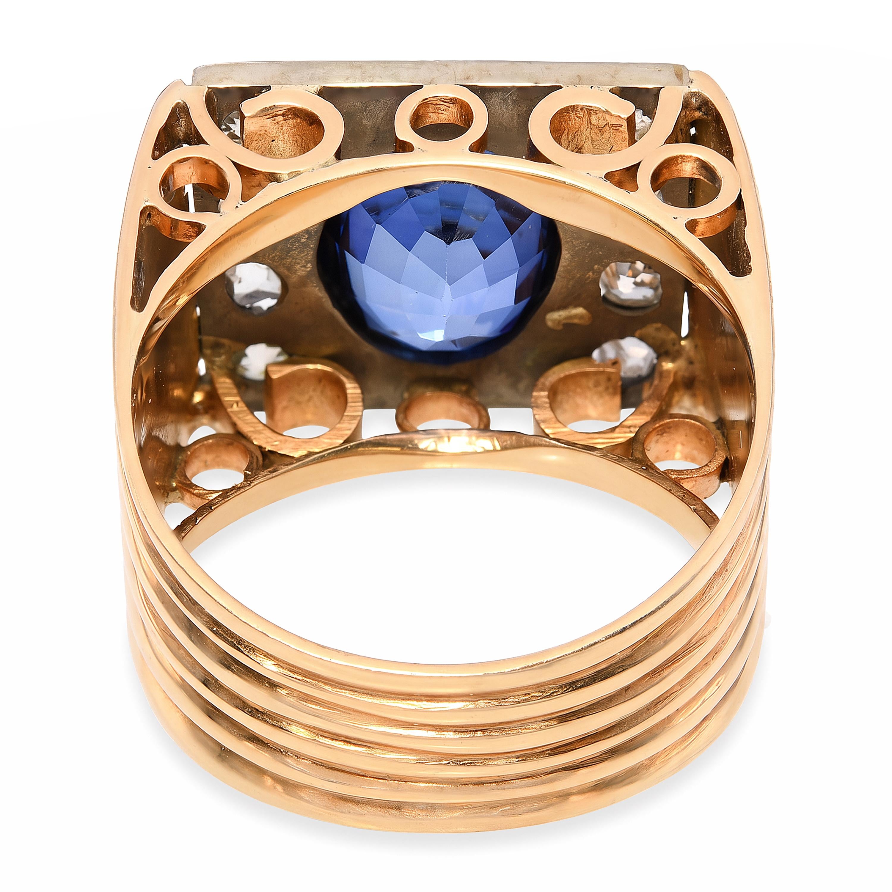 Antique 17k Yellow Gold Victorian 4.34ct Syn Sapphire & Rose Cut Diamond Ring