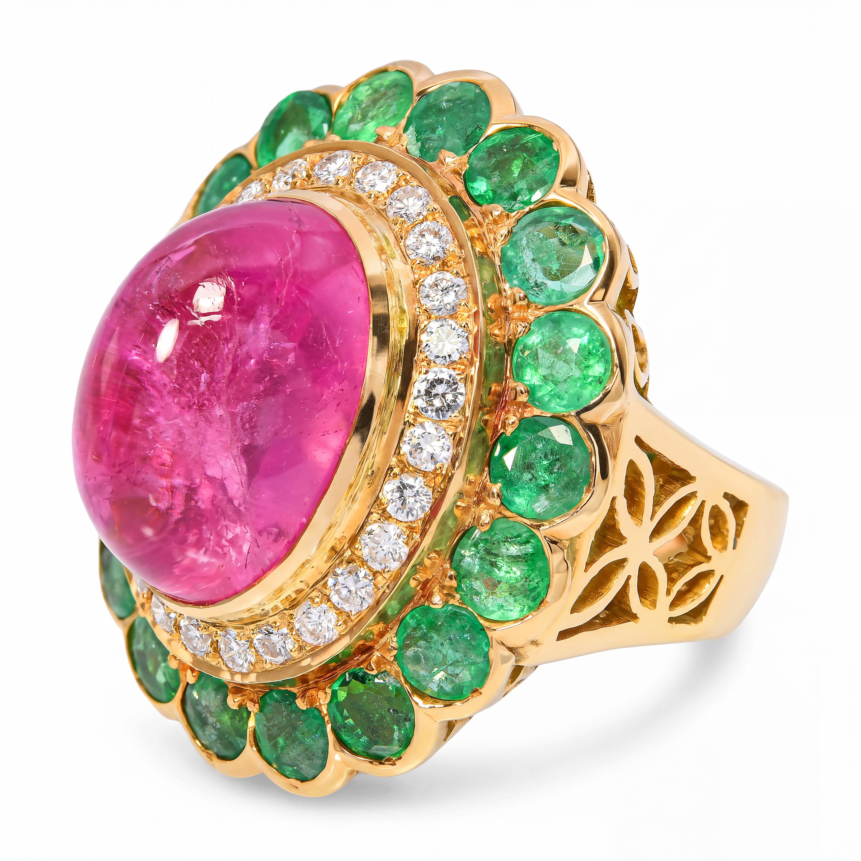 19k Yellow Gold Emerald Diamond & Rubellite Tourmaline Mughal Inspired Ring
