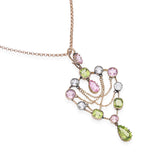 Antique Art Nouveau 9k Rose Gold Mixed Gemstone and Chain Drop Shield Necklace