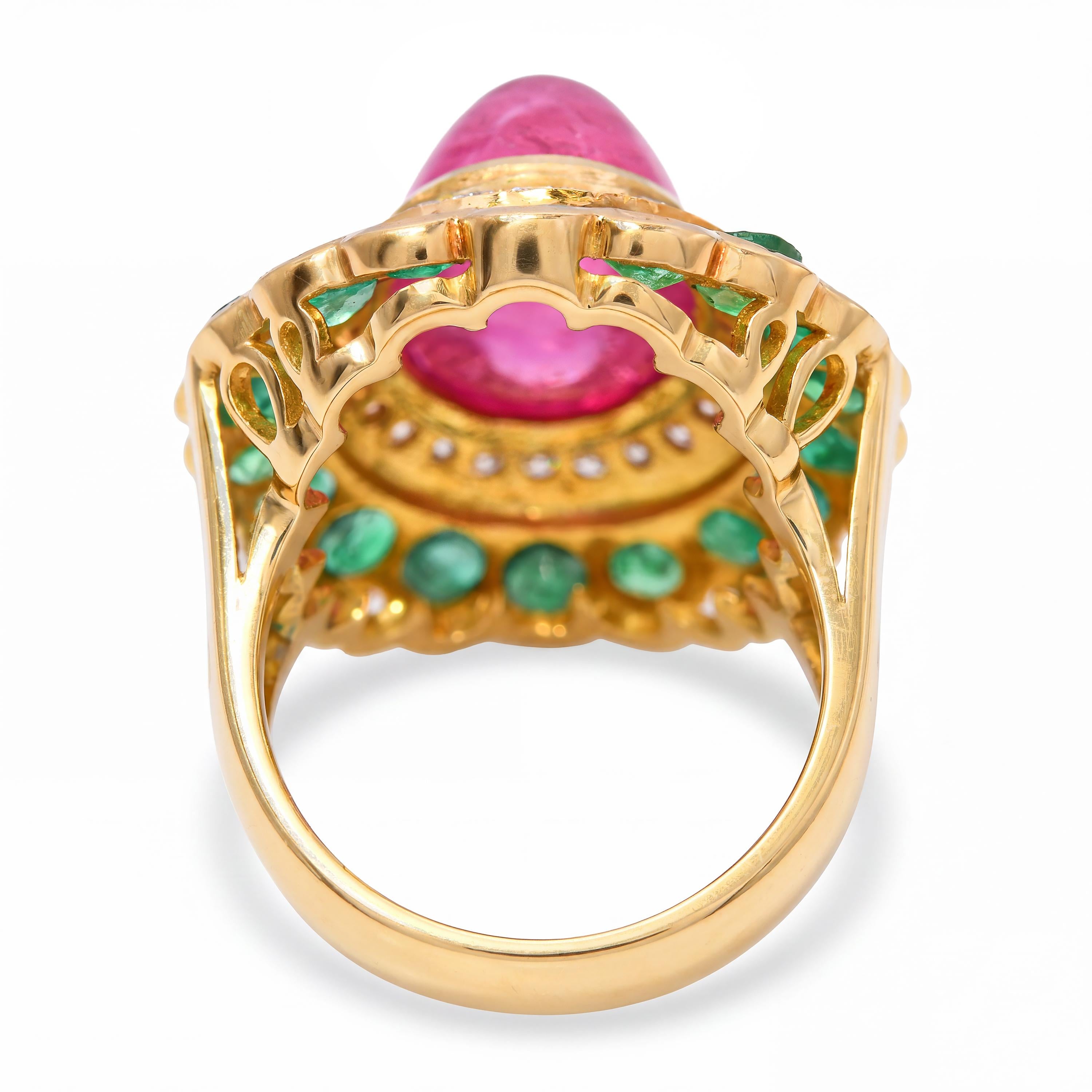 19k Yellow Gold Emerald Diamond & Rubellite Tourmaline Mughal Inspired Ring