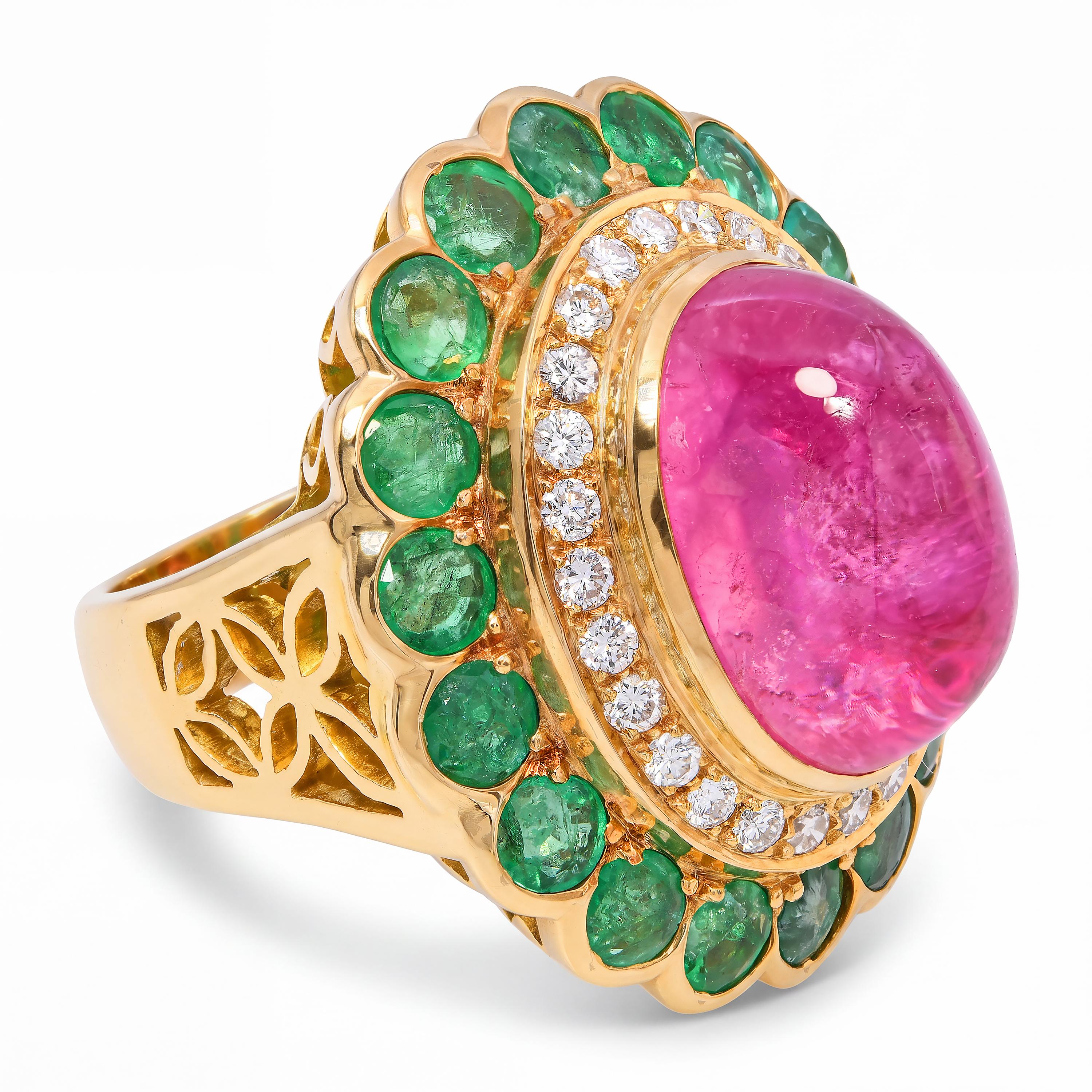 19k Yellow Gold Emerald Diamond & Rubellite Tourmaline Mughal Inspired Ring