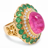 19k Yellow Gold Emerald Diamond & Rubellite Tourmaline Mughal Inspired Ring