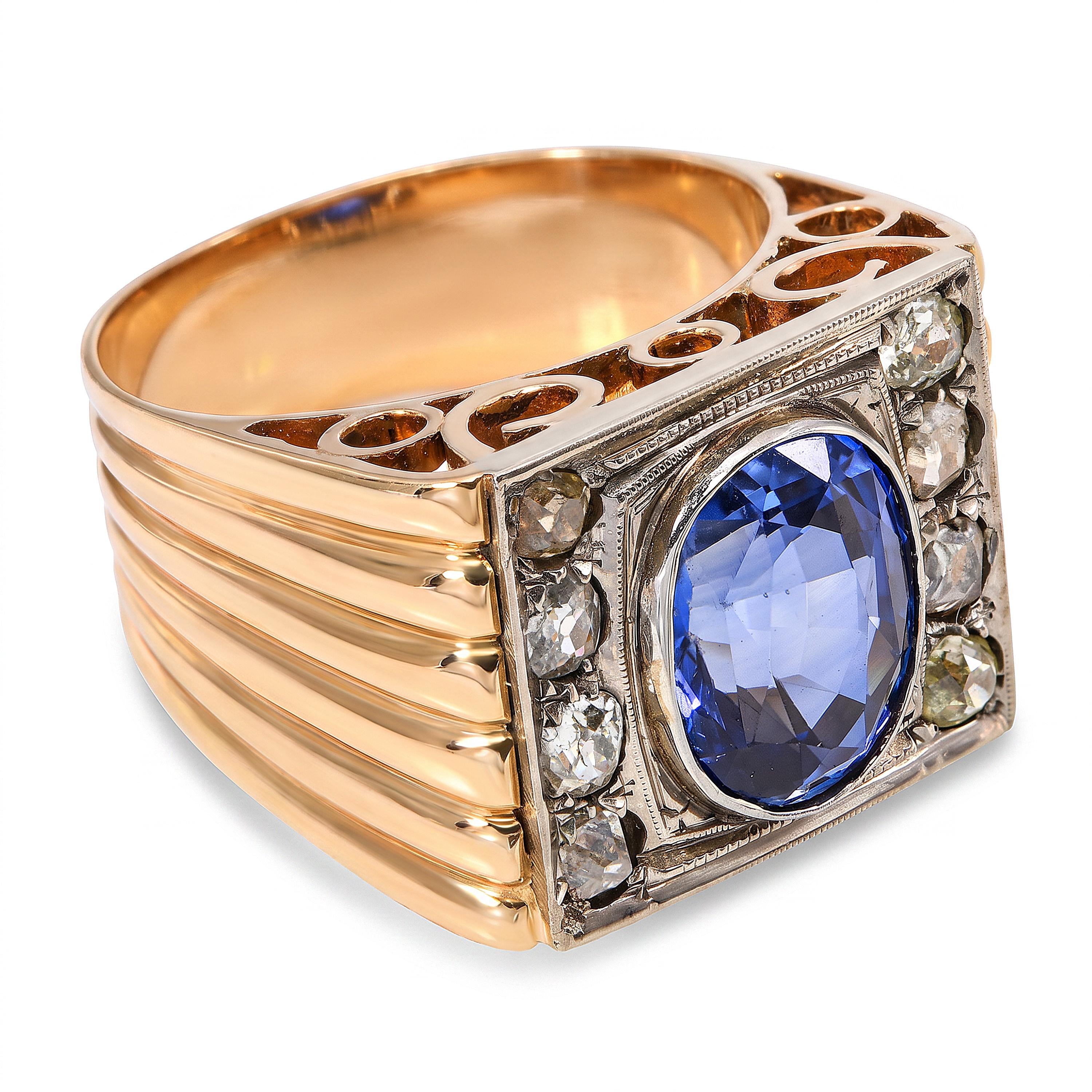 Antique 17k Yellow Gold Victorian 4.34ct Syn Sapphire & Rose Cut Diamond Ring