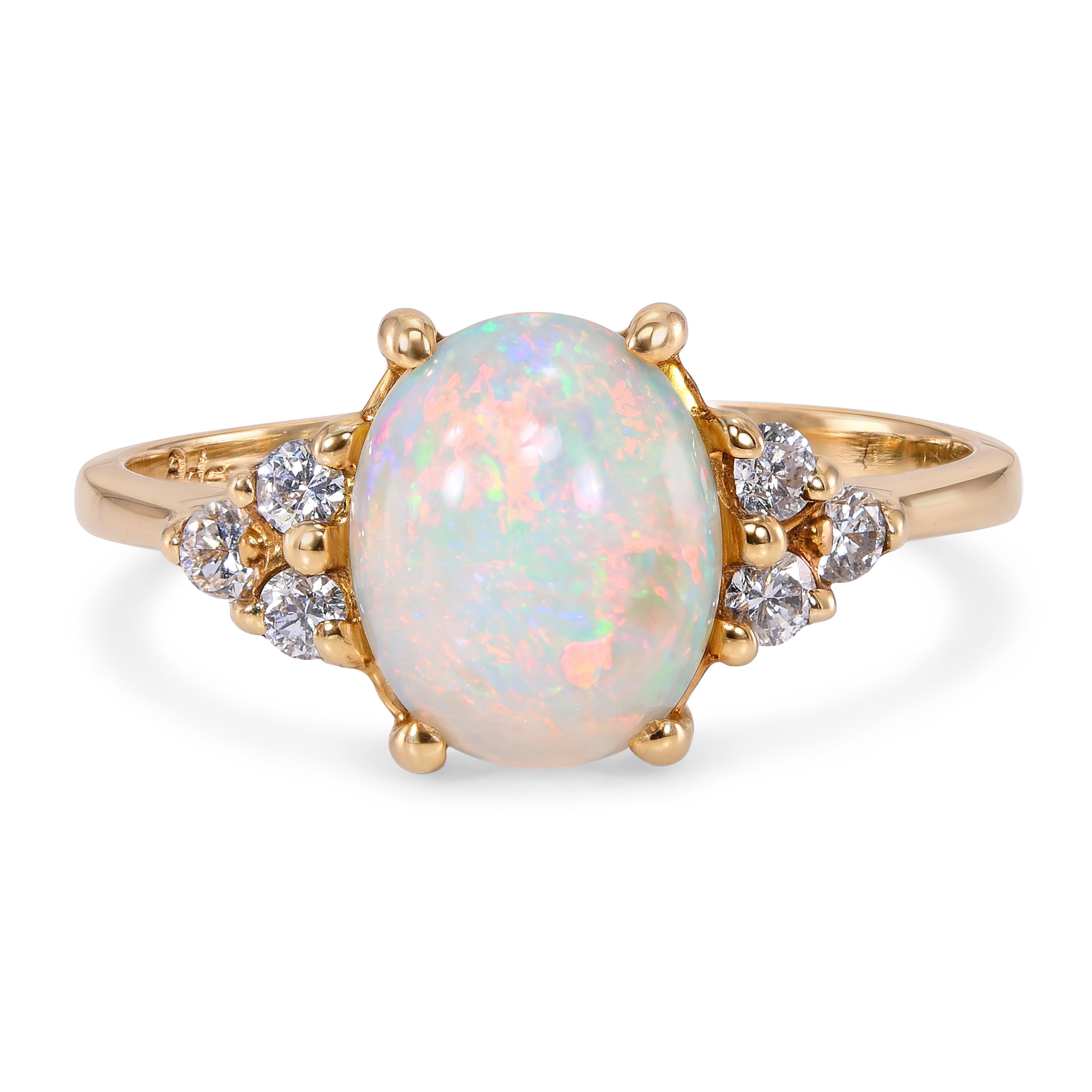 Vintage 14k Yellow Gold Opal and Diamond Ring