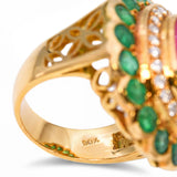 19k Yellow Gold Emerald Diamond & Rubellite Tourmaline Mughal Inspired Ring