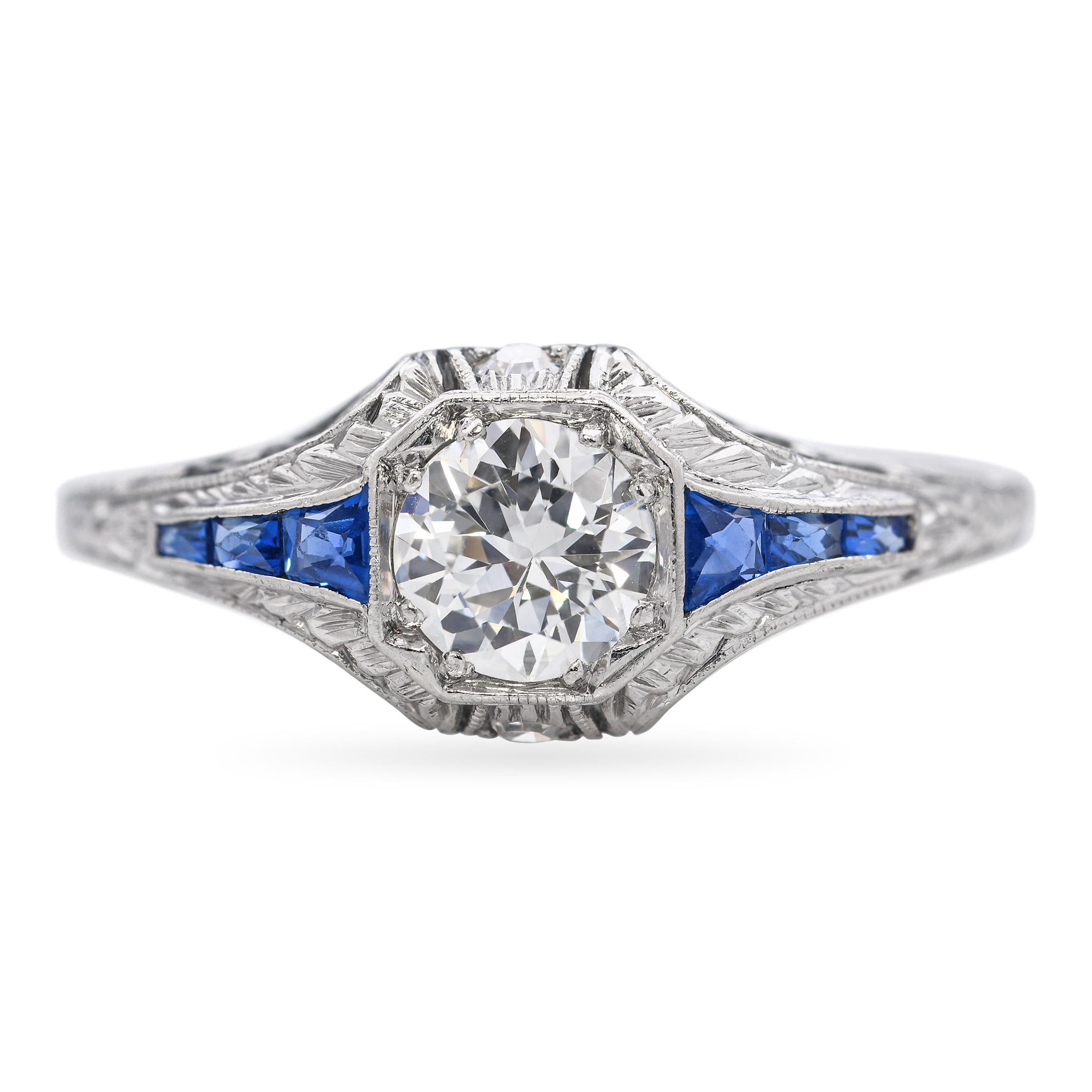 Antique Platinum 0.52ct Diamond and Sapphire Engagement Ring
