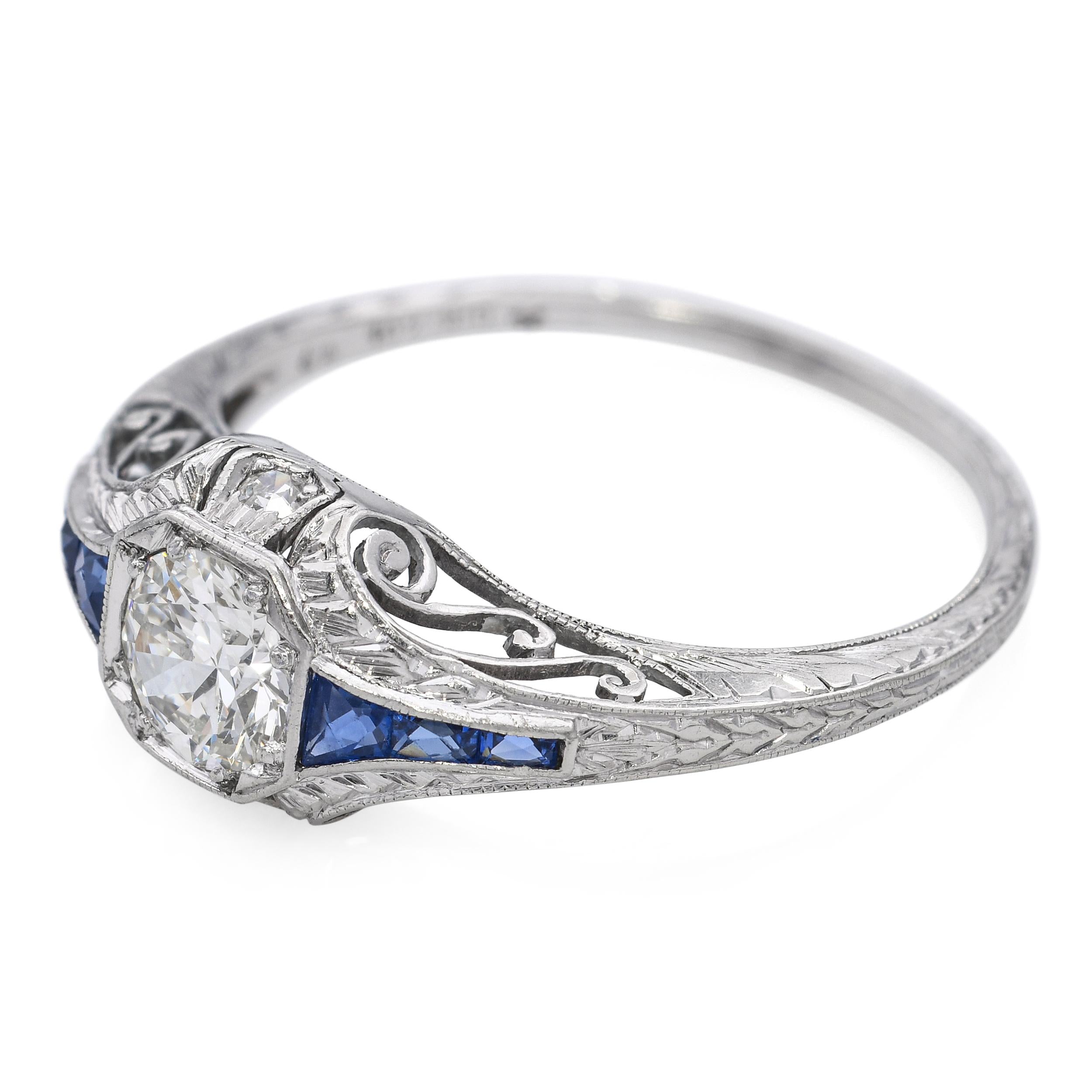 Antique Platinum 0.52ct Diamond and Sapphire Engagement Ring
