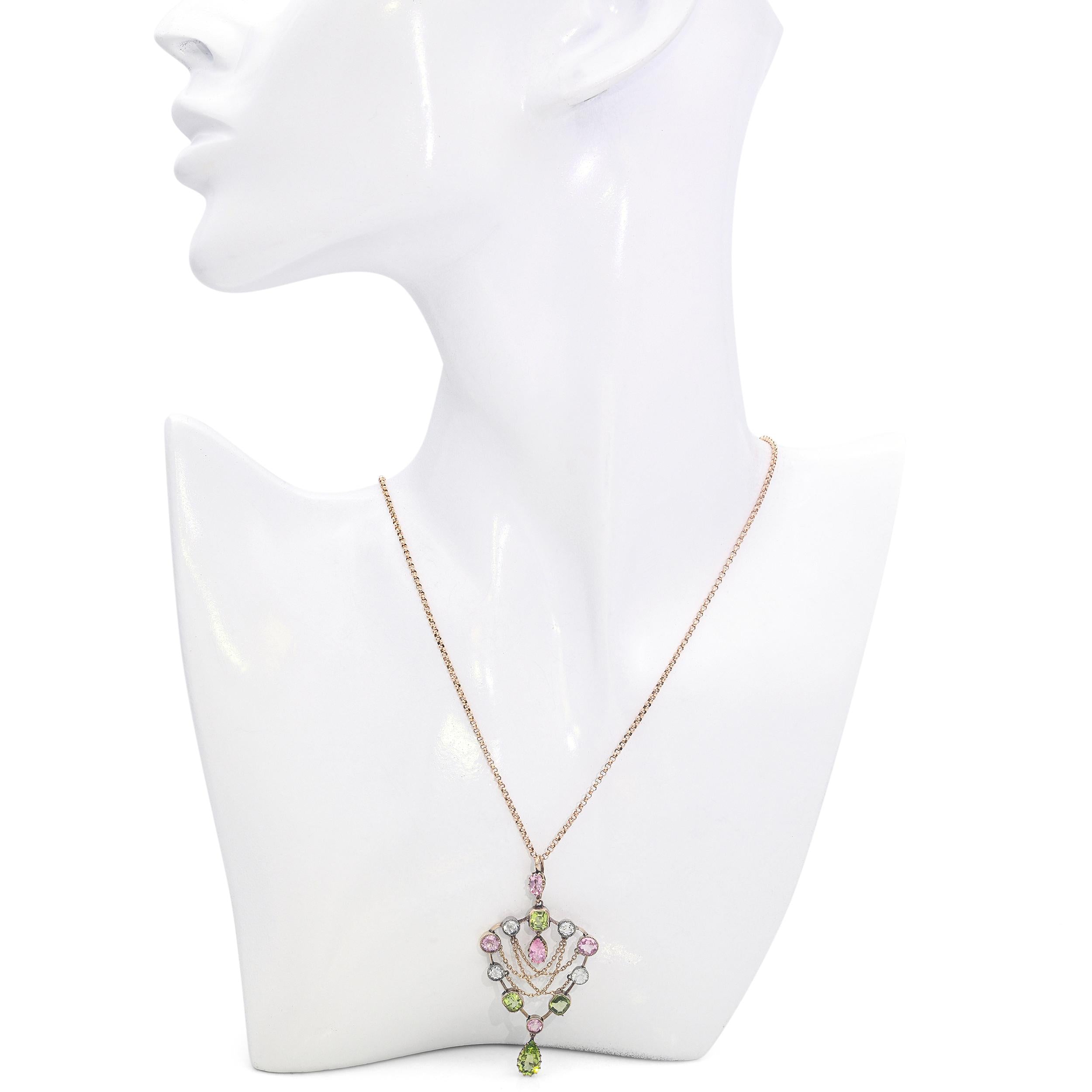 Antique Art Nouveau 9k Rose Gold Mixed Gemstone and Chain Drop Shield Necklace
