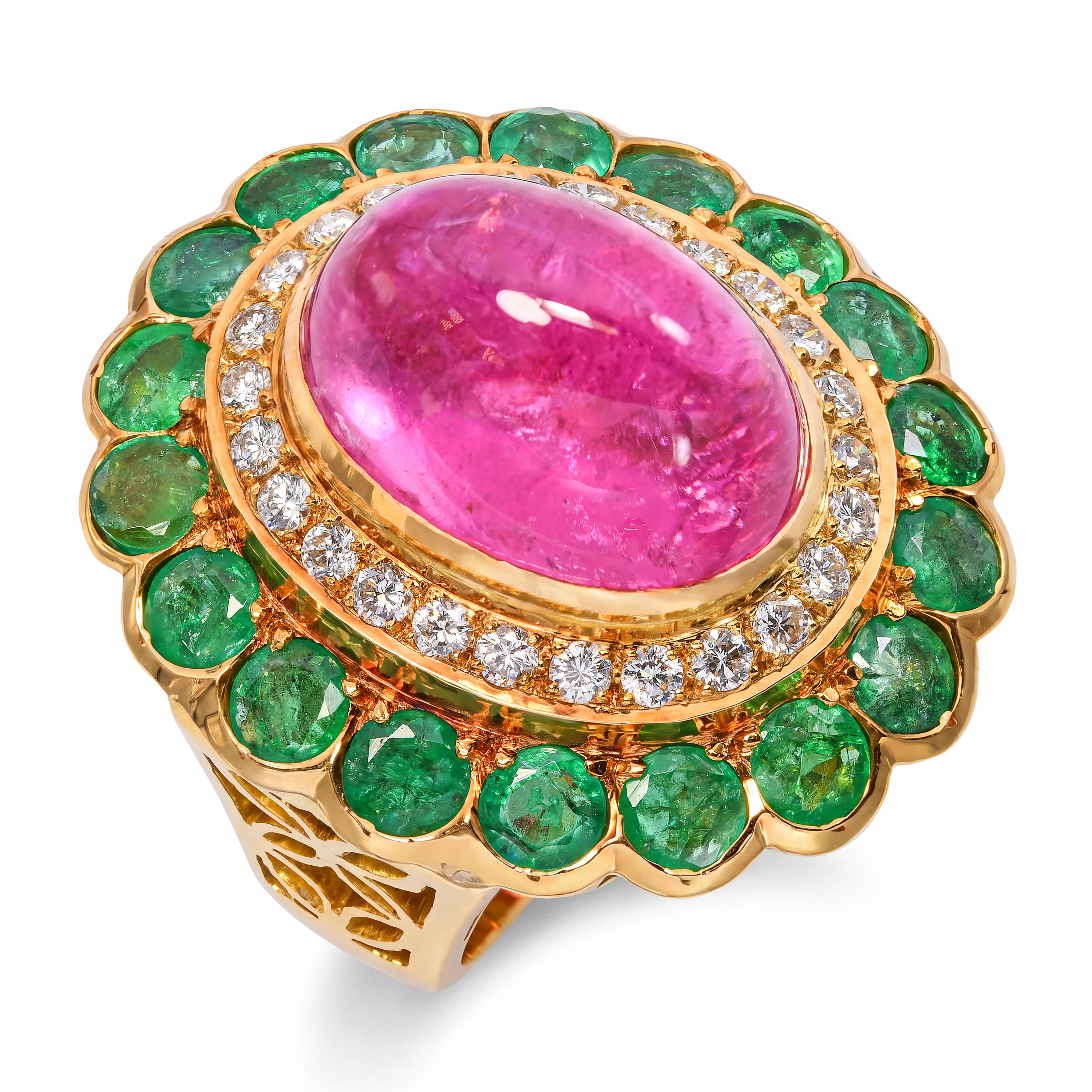 19k Yellow Gold Emerald Diamond & Rubellite Tourmaline Mughal Inspired Ring