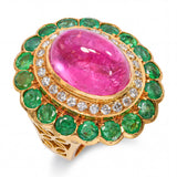 19k Yellow Gold Emerald Diamond & Rubellite Tourmaline Mughal Inspired Ring